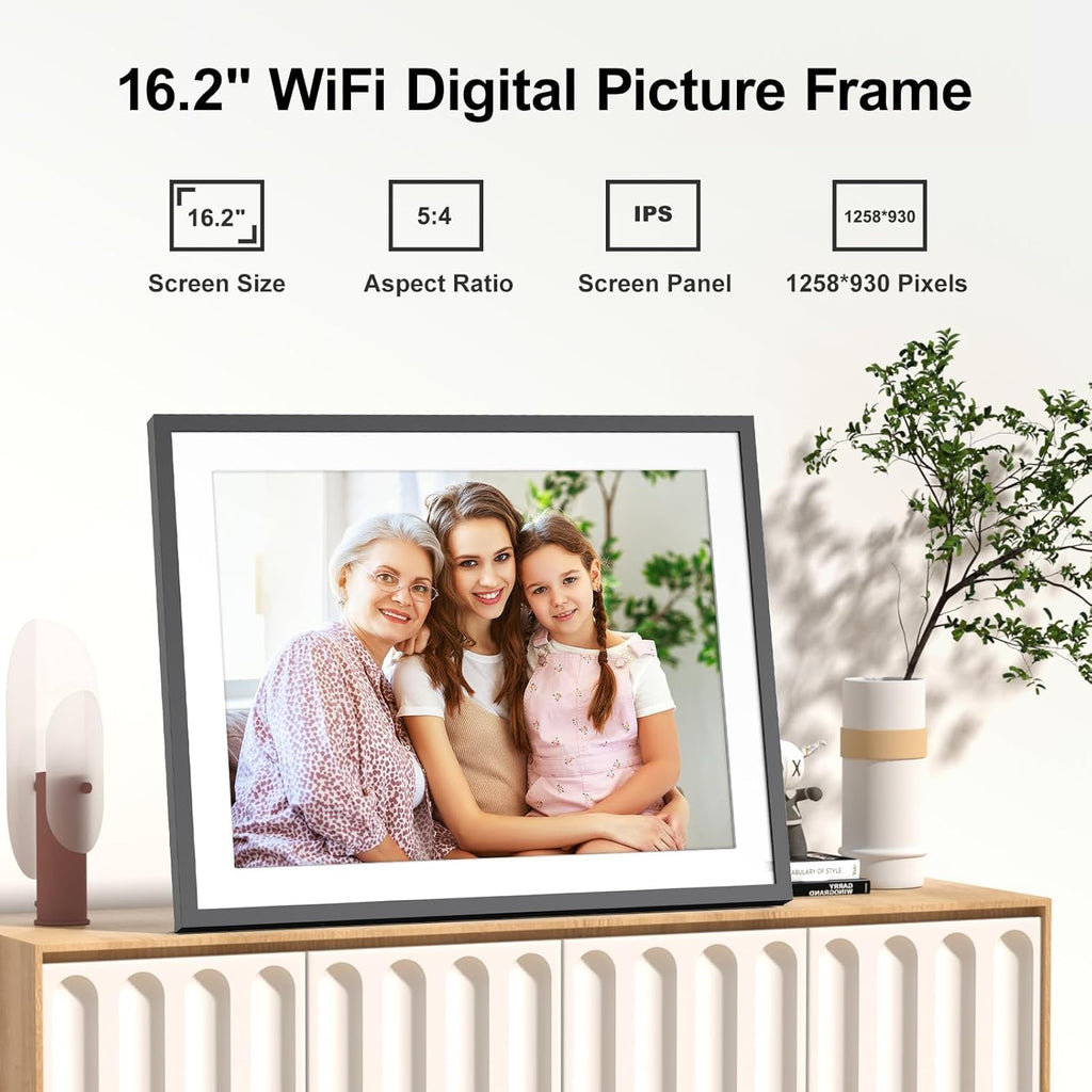 Digital Picture Frame 16.2 Inch Large Digital Photo Frame - 32GB Wall Mountable Wi-Fi Electronic Photo Frame, Auto-Rotate, Share Photos Video via App Email, Free Cloud, Christmas Gifts for Mom Dad