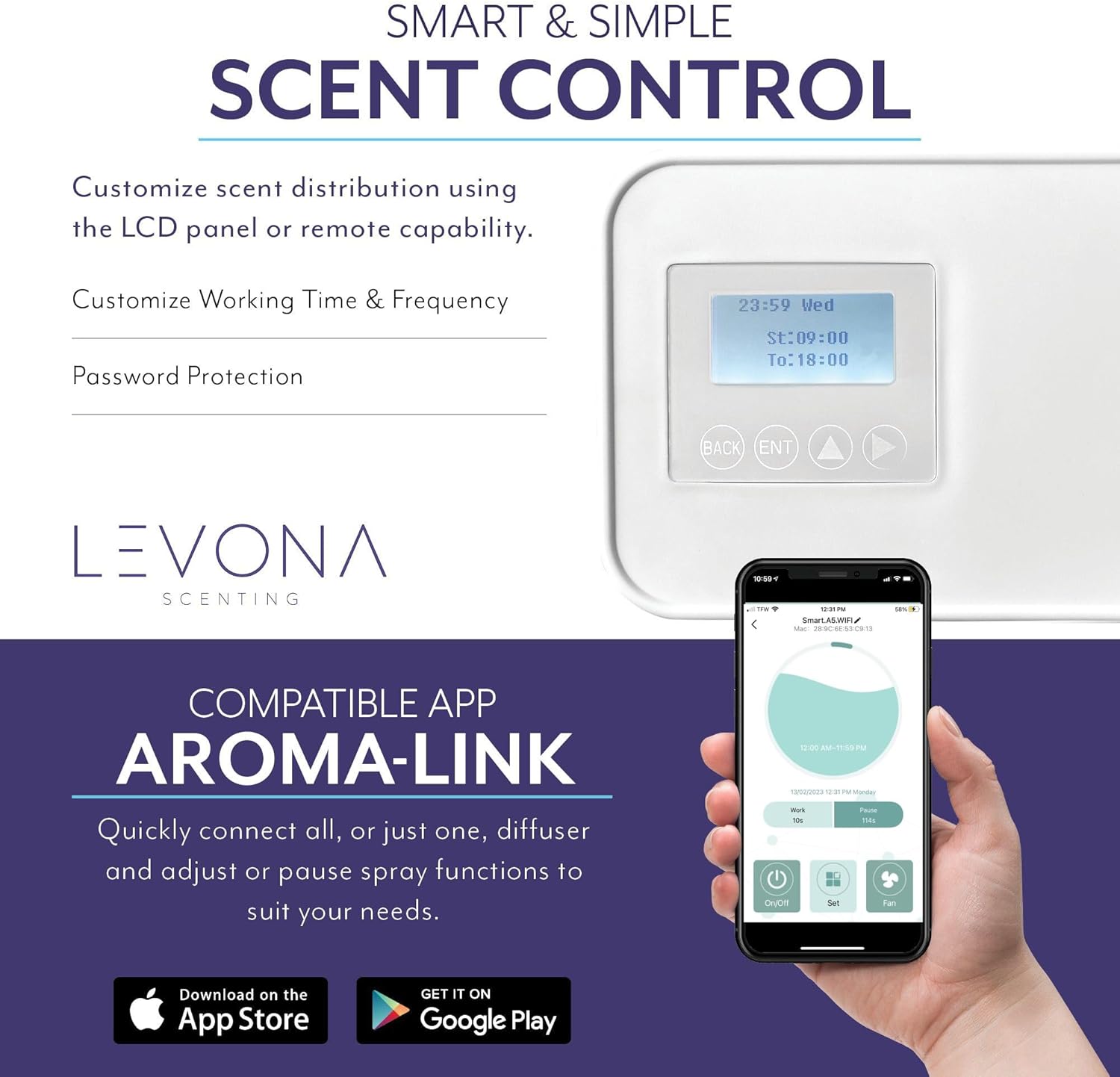 LEVONA SCENT Machine Lavanda: Up to 6000 SQFT HVAC Diffuser- Waterless Scent Air for Office, Hotel & Home Diffuser - Fragrance + Remote Control App Lavanda 2000