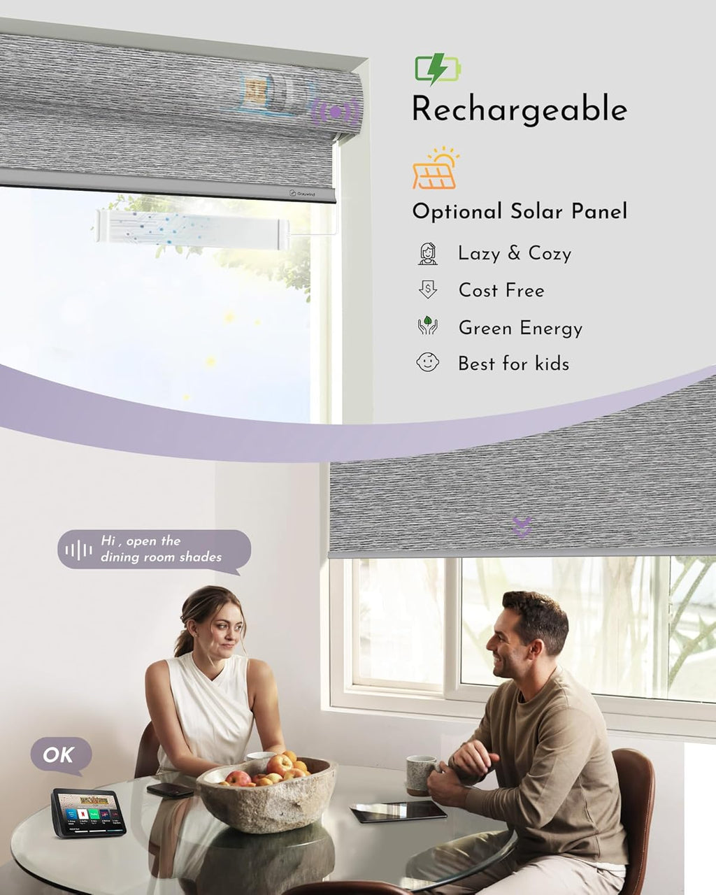 Graywind Smart Blackout Roller Shades Compatible with Alexa Google Textured Gleaming Fabric Rechargeable Motorized Blinds Cordless Remote Control Window Shades, Custom Size (Striped Grey)