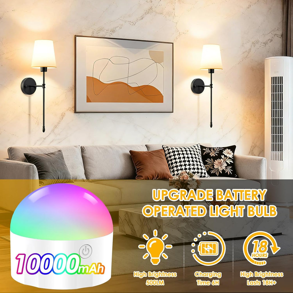 OCATO Battery Operated Wall Sconce: 10000mAh Wireless Wall Sconces Set of Two Rechargeable Lamp Dimmable Magnetic Lights with 7 RGB Colors and Remote Home Decor Walls Decor for Bedroom Living Room