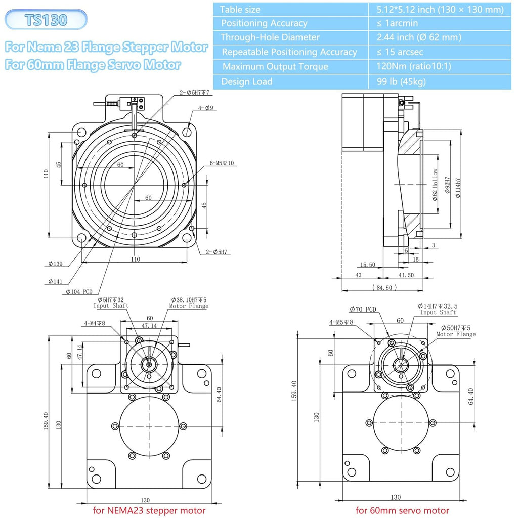 CNC Hollow Rotating Platform Gear Ratio 10:1 360 Degree Electric Rotary Table Positioners Substitutable for Direct Drive Motor and Cam Indexer Fitting Nema 23 Stepper 60mm Servo Motor