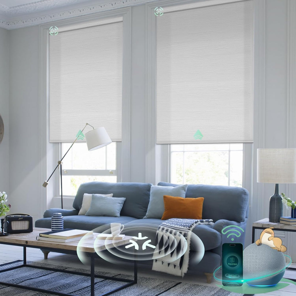 Yoolax Smart Blinds, Motorized Matter Roller Shades Light Filtering Automatic Blinds for Windows Motorized Shades Compatible with Alexa, Google Home, Homekit(Half Shading Jacquard White)