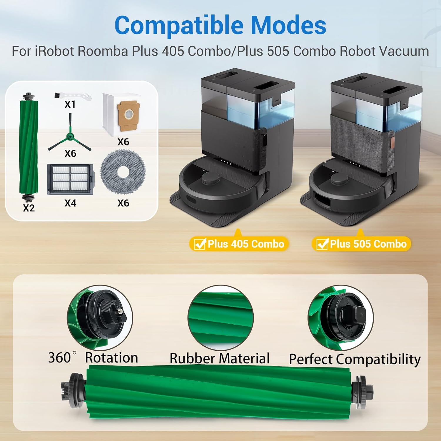 Plus 405 Combo Replacement Parts for Roomba Plus 405 Combo Plus 505/ 507Combo Robot Vacuum Cleaner Parts with 2 Roller Brush, 4 HEAP, 6 Mops, 6 Dust Bags, 6 Side Brushes, 1 Clean Brush
