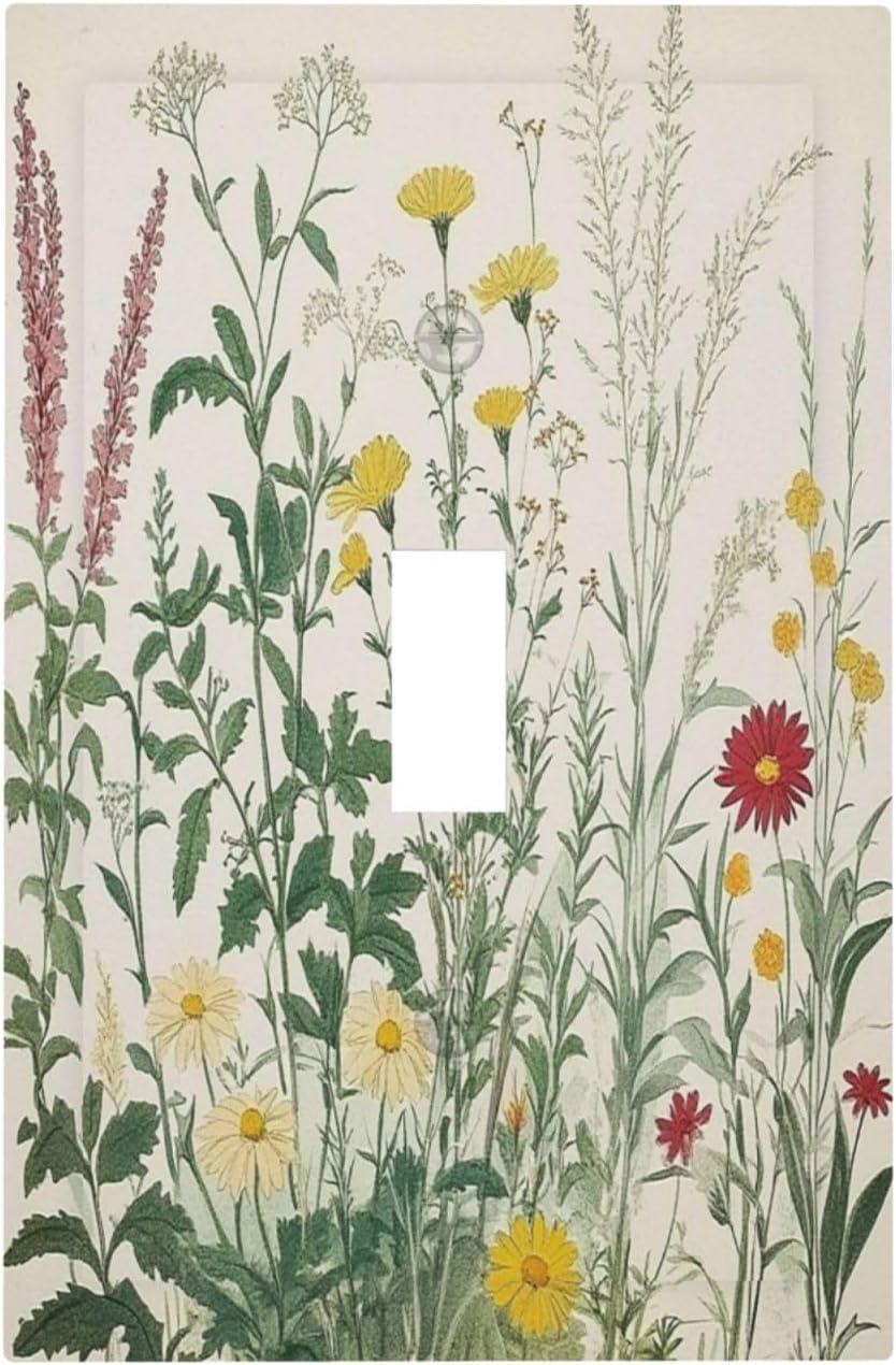 Rustic Wildflower Green Plants Daisy Floral Decorative Light Switch Cover 1 Gang Single Toggle Device Electrical Faceplate Switchplates Decorator Outlet Wall Plate For Farmhouse Bed Room Decor