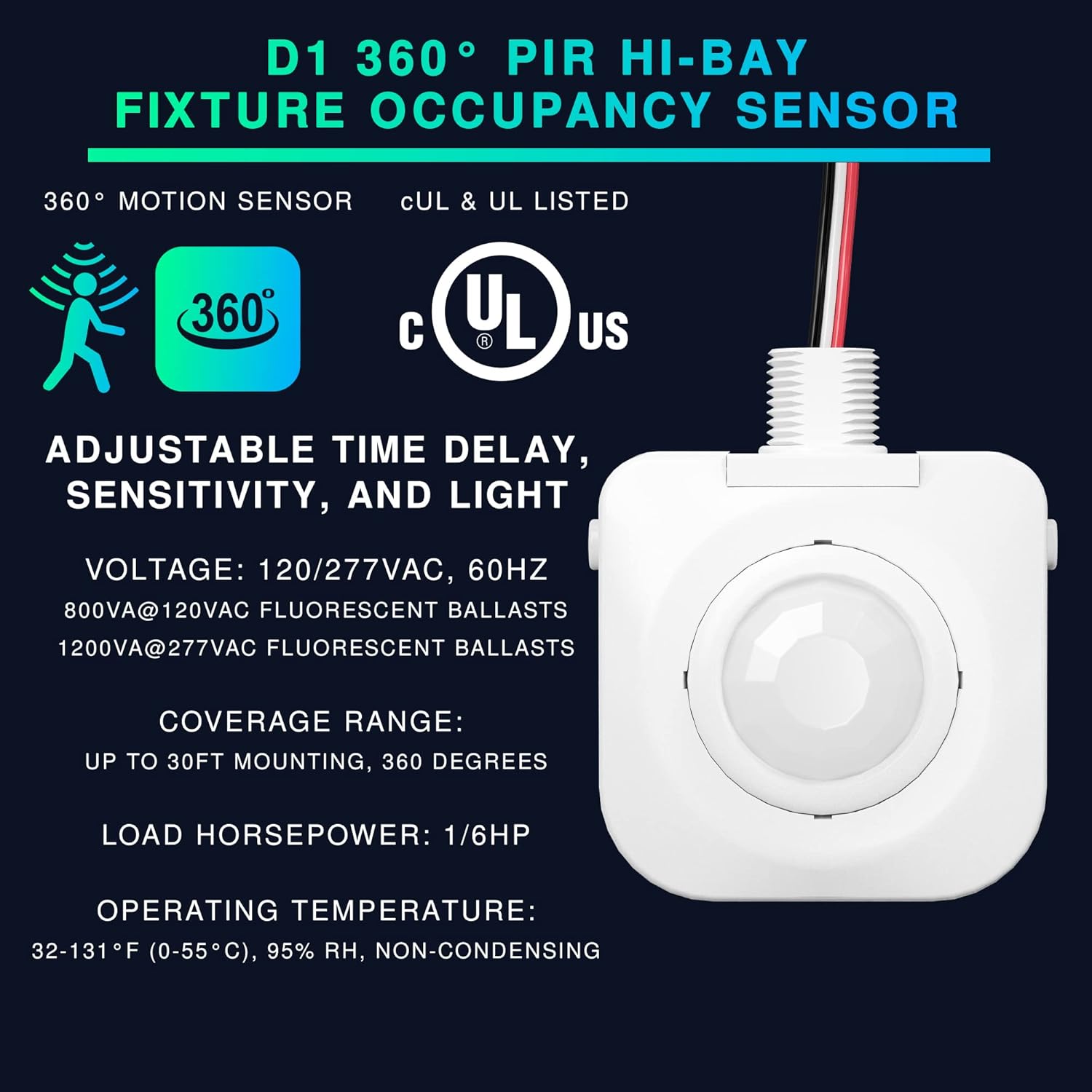 Ceiling Occupancy Motion Sensor, Passive Infrared Technology, High Bay Fixture Mount 360 Degree, Hard-Wired, 120-277 VAC, Commercial/Industrial Grade, 10-Pack