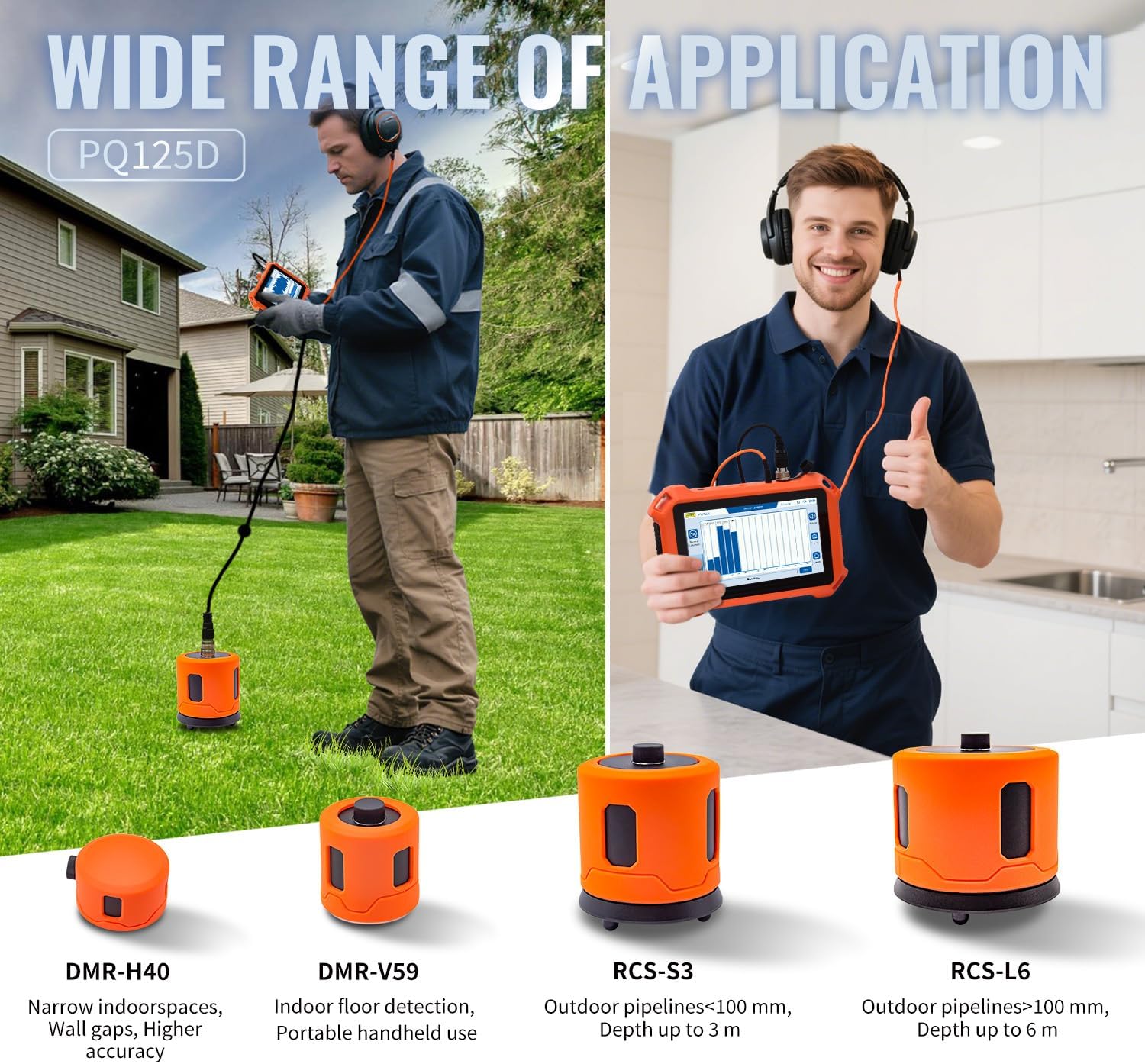 PQWT 125D Indoor&Outdoor Underground Water Leak Detector, Wall & Ground Water Pipe Leak Detection Measurement Depth 19.68ft/6m