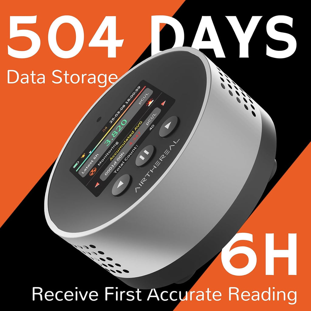 Airthereal Portable Radon Detector for Home – 504-Day Data Storage for Long Term Monitoring, LCD Color Display, Fast 6H Results, Long Battery Life, Audible & Visual Alarm - Upgraded 2025 Version