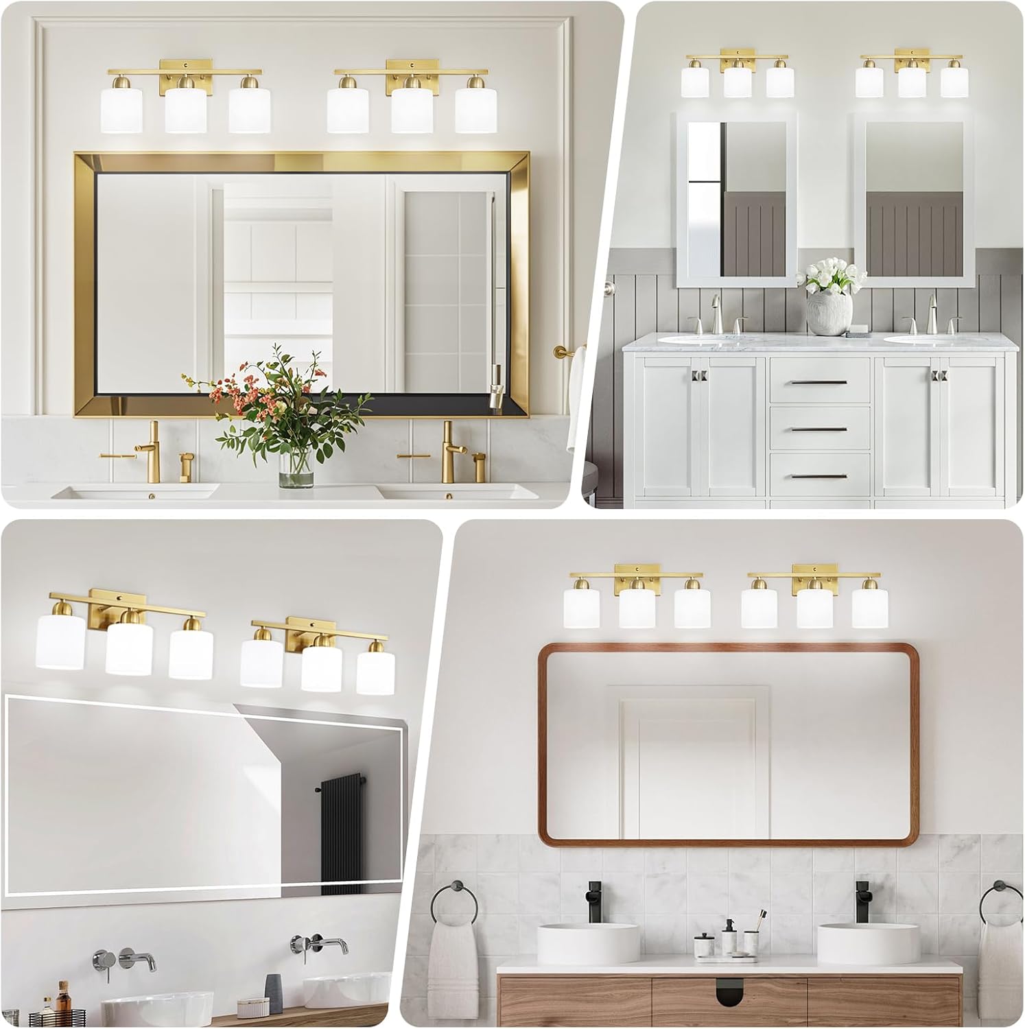 3 Light Gold Bathroom Light Fixtures, Modern Bathroom Vanity Lights with Milky White Frosted Glass Shades, Gold Vanity Mirror with Lights for Mirror Living Room E26 Base