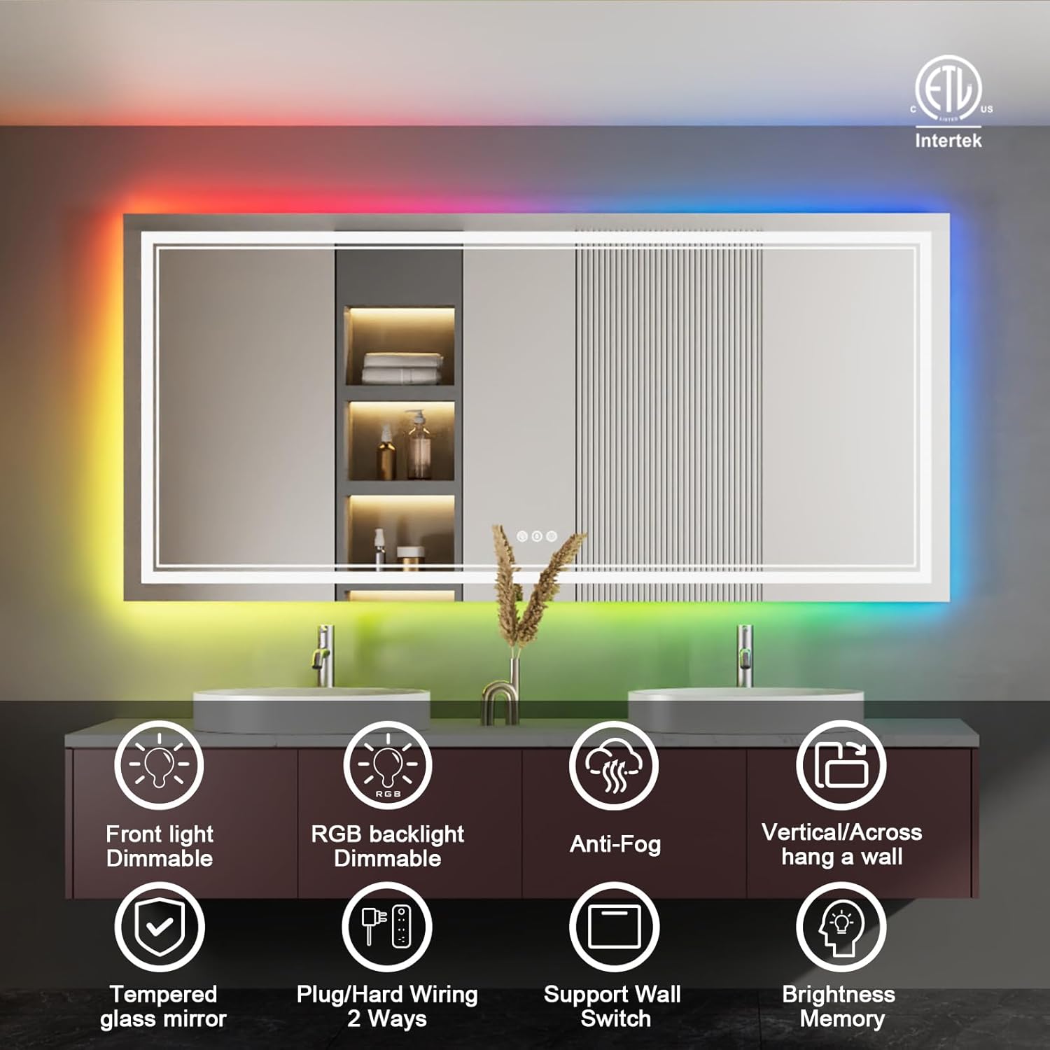 84x40 Inch RGB LED Bathroom Mirror with Lights, Color Changing RGB Backlit LED Mirror for Bathroom,Lighted Vanity Mirrors for Bathroom Wall, Dimmable, Anti-Fog (RGB Backlit+Front-Lit)