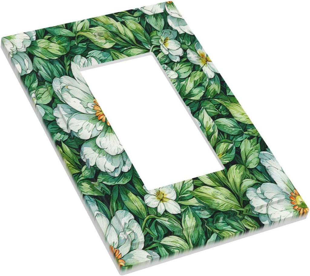 Vintage Floral White Flowers Green Plants Leaves Decorative Outlet Covers 1 Gang Single Rocker Light Switch Cover Plate Wall Plates GFCI Faceplate for Bedroom Bathroom Decor