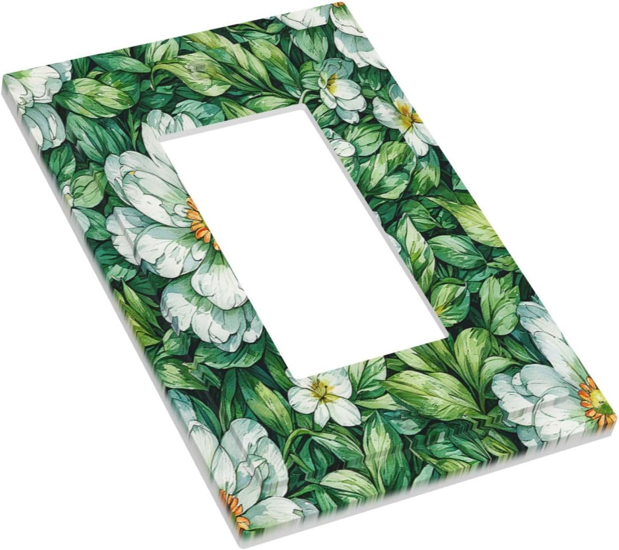 Vintage Floral White Flowers Green Plants Leaves Decorative Outlet Covers 1 Gang Single Rocker Light Switch Cover Plate Wall Plates GFCI Faceplate for Bedroom Bathroom Decor