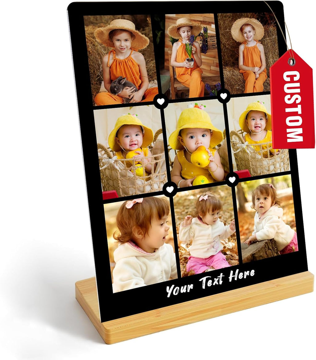 Custom Photo Prints - Metal Desktop Picture Frame with Photos Collage & Wooden Base Personalized Gifts for Family Friends Lovers and Pets, Optional Multiple Sizes