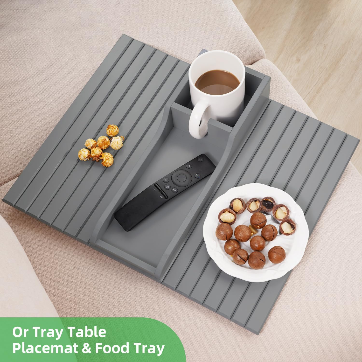 GEHE Bamboo Couch Cup Holder, Anti-Spill Sofa Arm Tray, Natural and Easy to Clean Couch Arm Cup Holder Armrest Tray Perfect for Cups, Beers, Snacks, Remote Control, Drinks