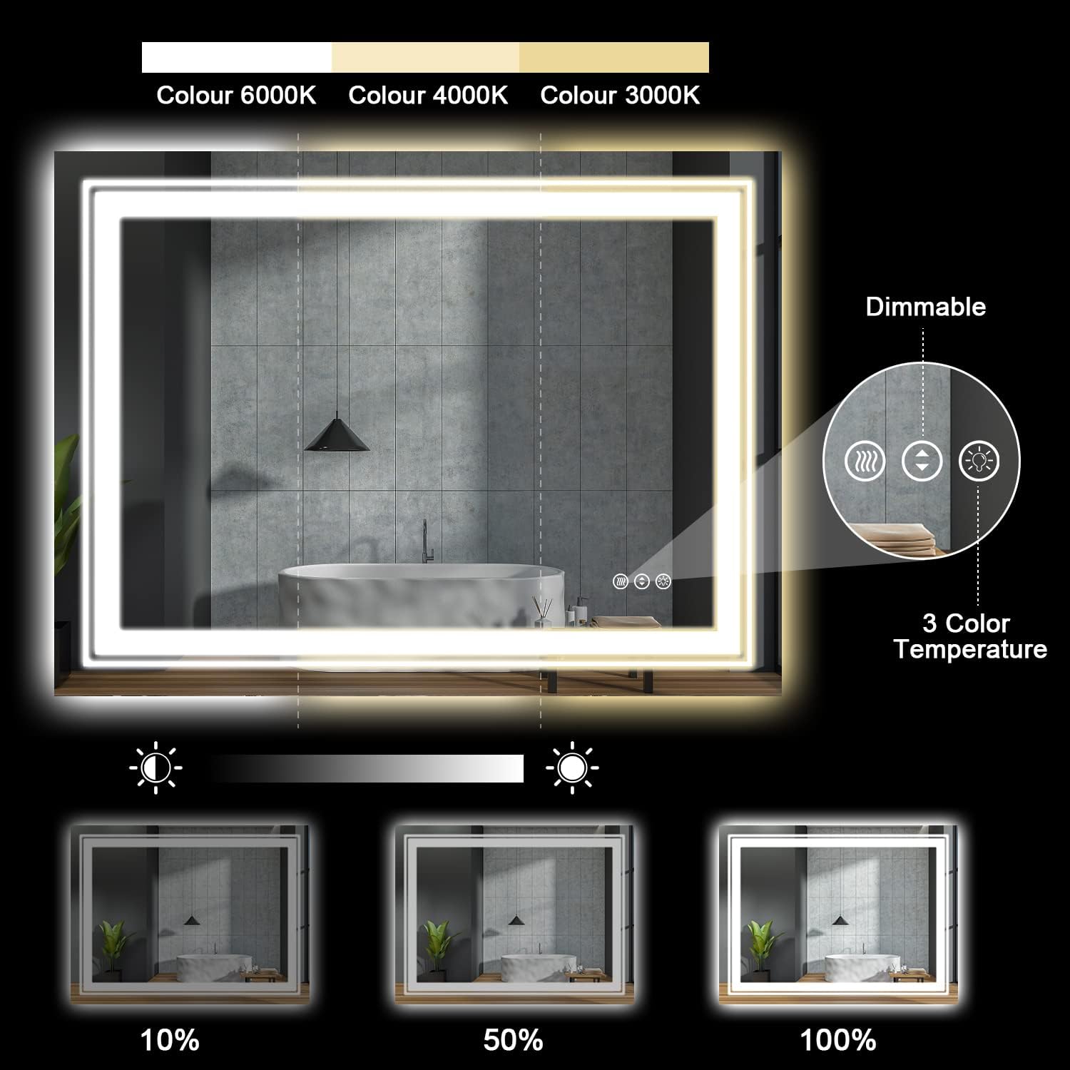 LED Bathroom Mirror, 60"X36" with Front and Backlit, Anti-Fog, Large Bathroom Vanity Mirror for Wall, Memory Function, Stepless Dimmable, Tempered Glass (Horizontal/Vertical)