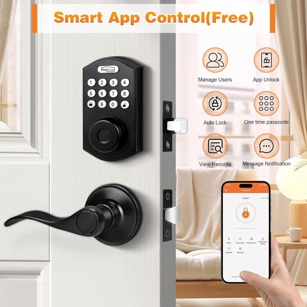 Probrico Keypad Door Lock with Handle Keyless Entry Door Lock, Smart Locks for Front Door Fingerprint Deadbolt with Handle, Black Smart Deadbolt Entry Door Handle Set