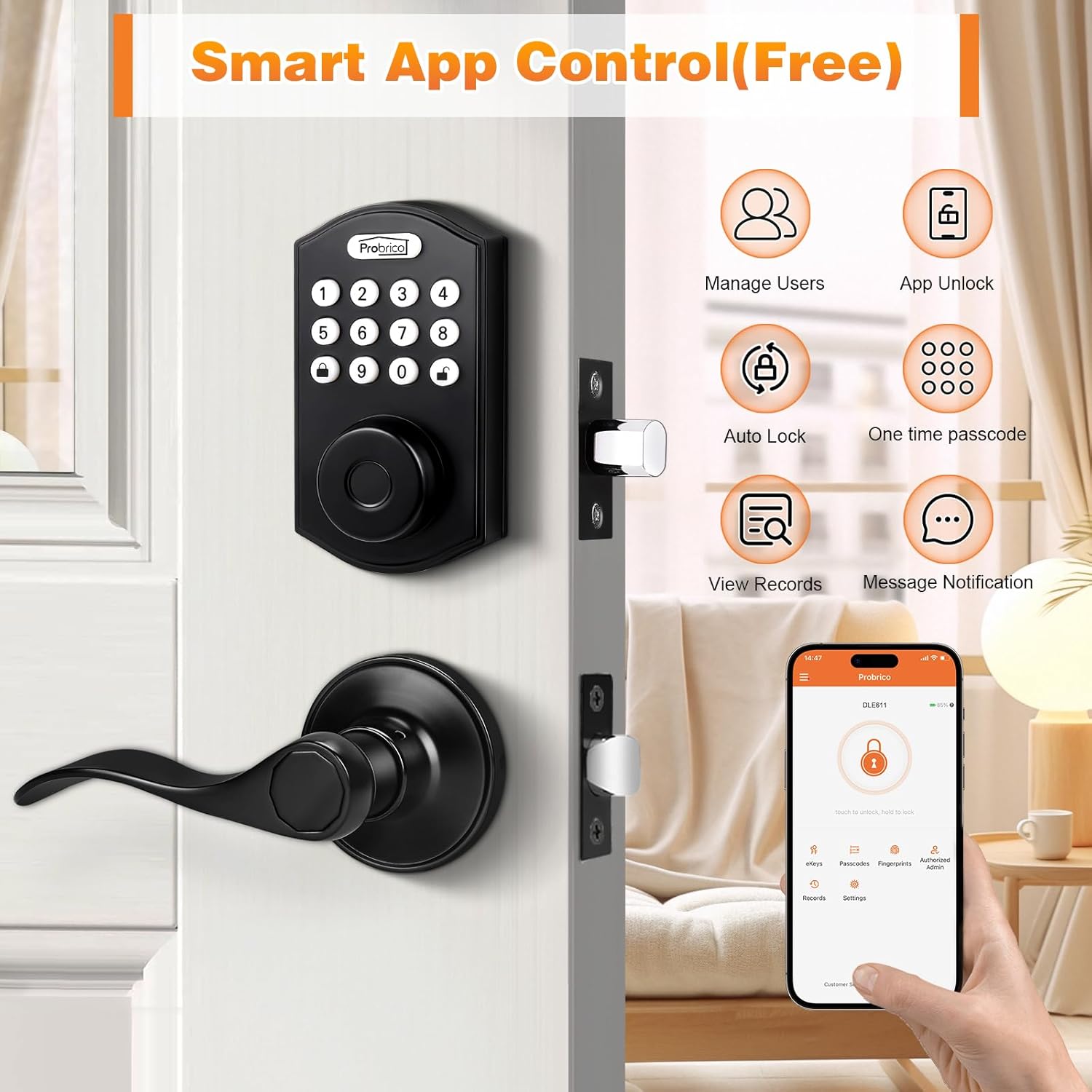 Probrico Keypad Door Lock with Handle Keyless Entry Door Lock, Smart Locks for Front Door Fingerprint Deadbolt with Handle, Black Smart Deadbolt Entry Door Handle Set