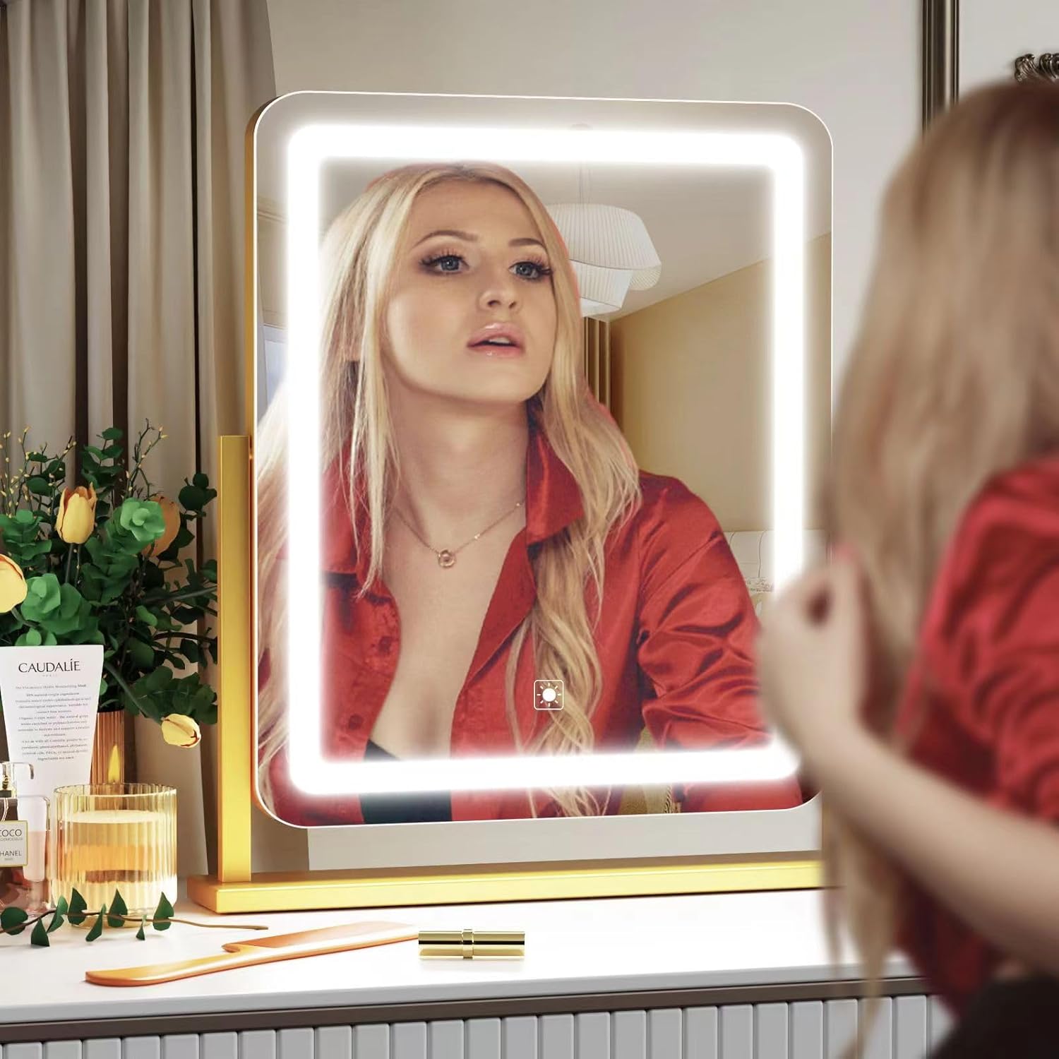 Lighted Makeup Mirror, Hollywood Vanity Mirror with Lights, Three Color Lighting Modes, and 5X Magnification Mirror, Smart Touch Control, 360°Rotation (17.2in. White)