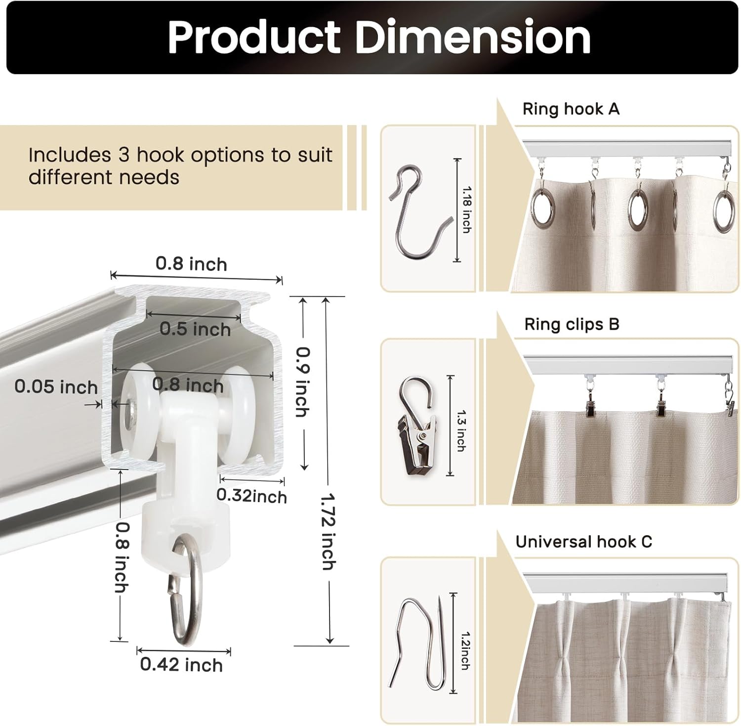 Aluminum 9 ft–12 ft Ceiling Curtain Track Set with 3 Types of Hooks, Adjustable Ceiling/Wall Mount Room Divider Curtain Rail System, White
