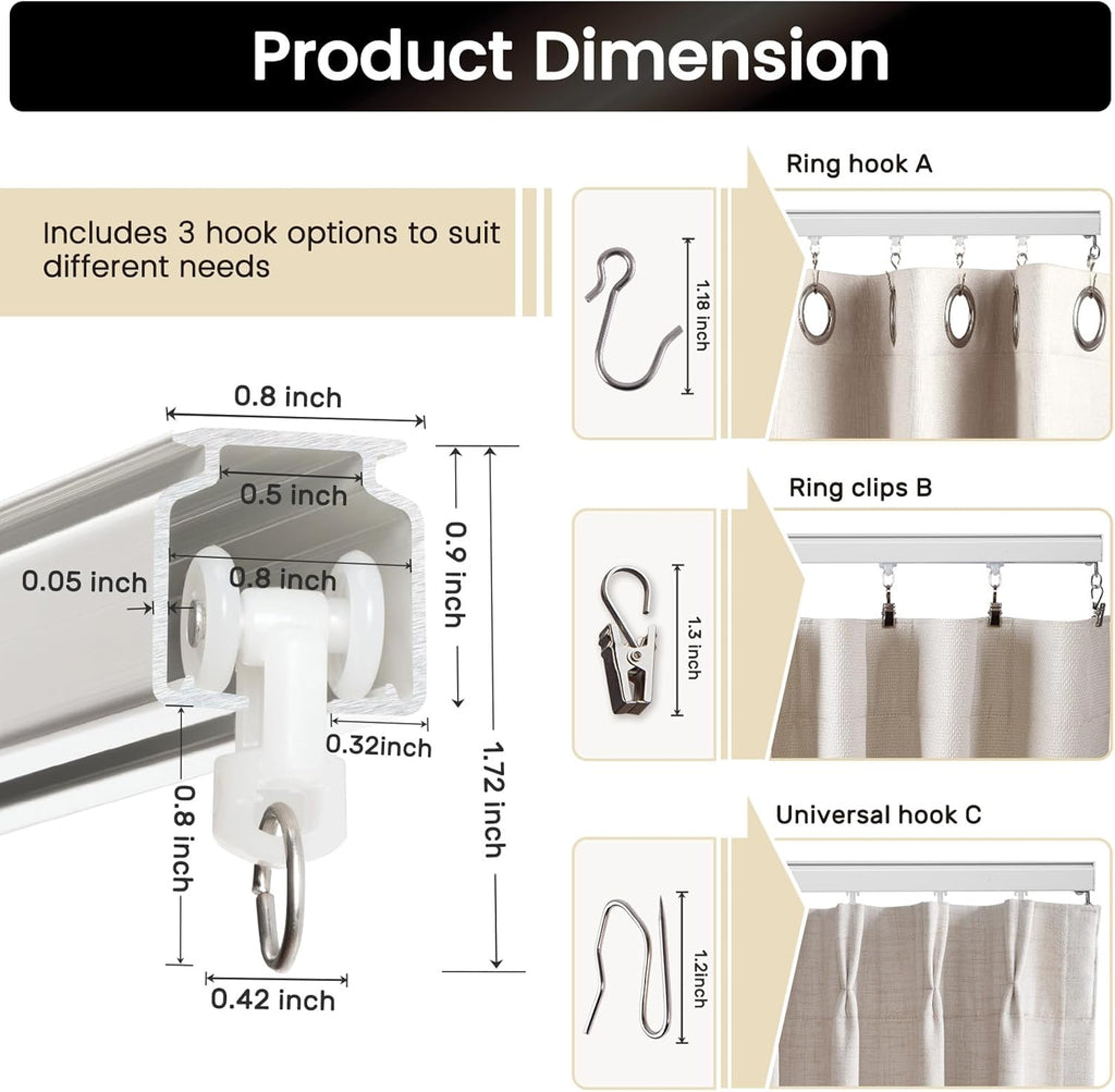 Aluminum 3 ft–6 ft Ceiling Curtain Track Set with 3 Types of Hooks, Adjustable Ceiling/Wall Mount Room Divider Curtain Rail System, White