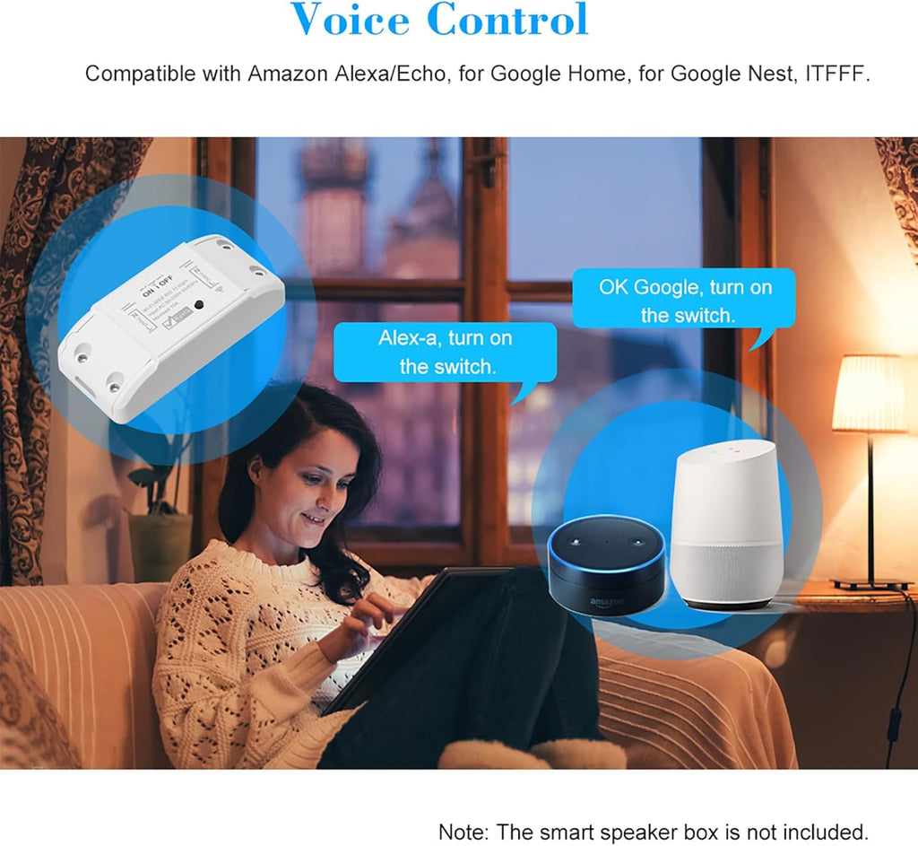 Docooler WiFi Wireless Remote Light Switch AC90-250V 10A, 1CH Switch Realy, Support Mobile APP Control ＆ Voice Control, Compatible with Alexa & Google Home for Universal Smart Home - 1 Pack