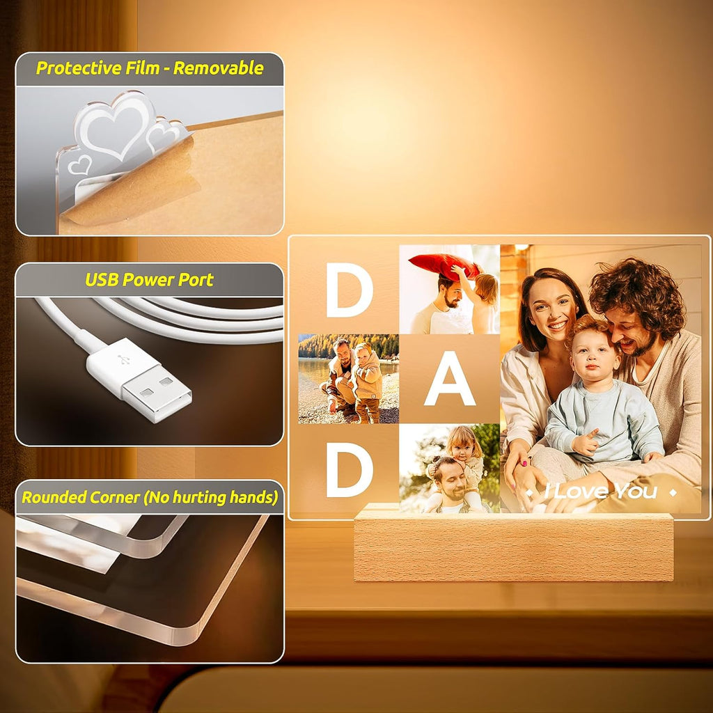 Personalized DAD Picture Frames, Customized Photo Frame with Night Light, Custom Picture Frames, Best Dad Ever Gifts, Personalized Birthday Gifts for Dad from Daughter Son Wife