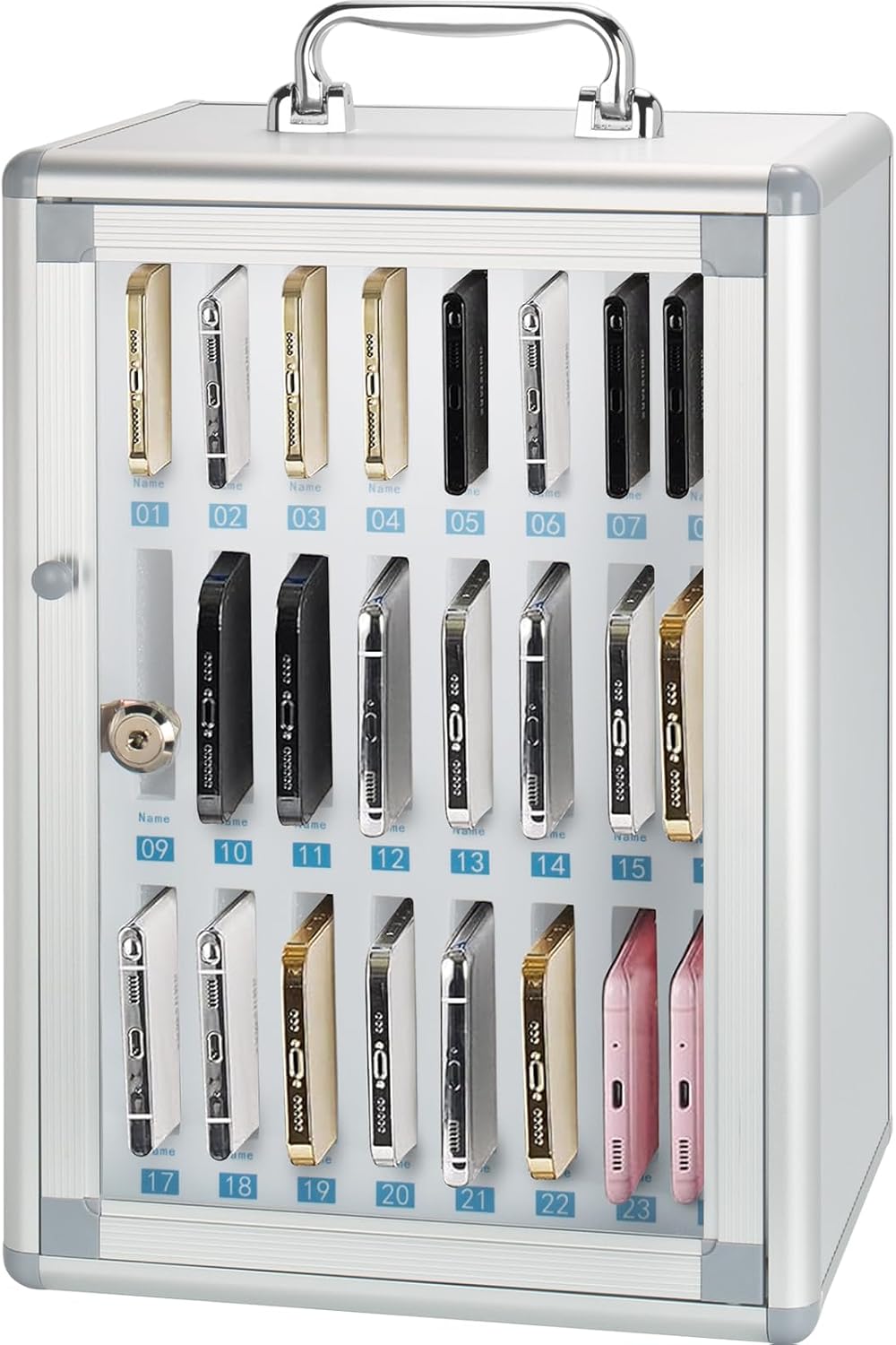 Glosen 24 Slots Cell Phone Locker, Portable Phone Storage Cabinet [Wall Mounted] [Aluminum Alloy] Cellphone Lock Box with Key & Handle for School Classroom Office Exam (Silver)