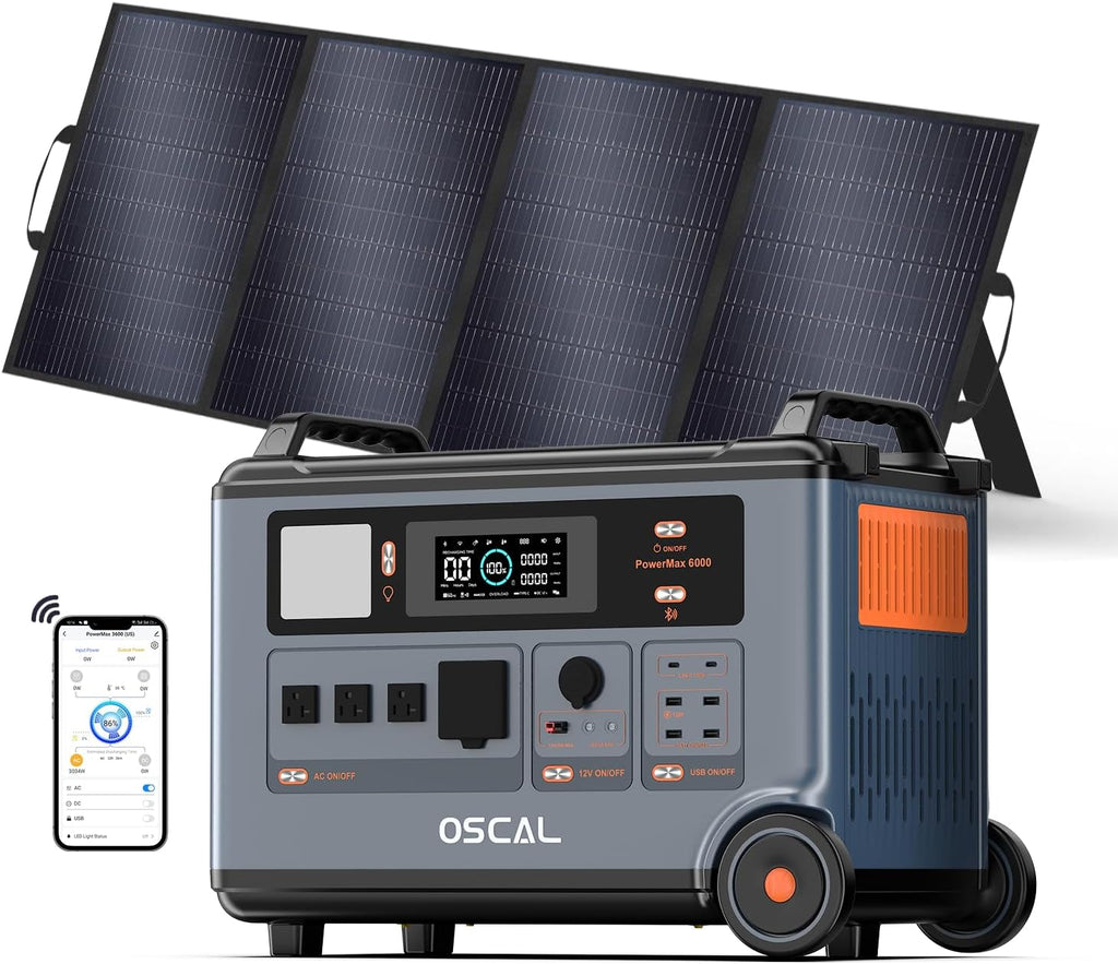 OSCAL PowerMax 6000 Solar Generator with 400W Solar Panel, 120V/240V Split Phase Voltage 6000W AC Outlets (9000W Peak), 2200W AC Charging/2400W PV Charging for Home, Emergency, Bank Battery Backup