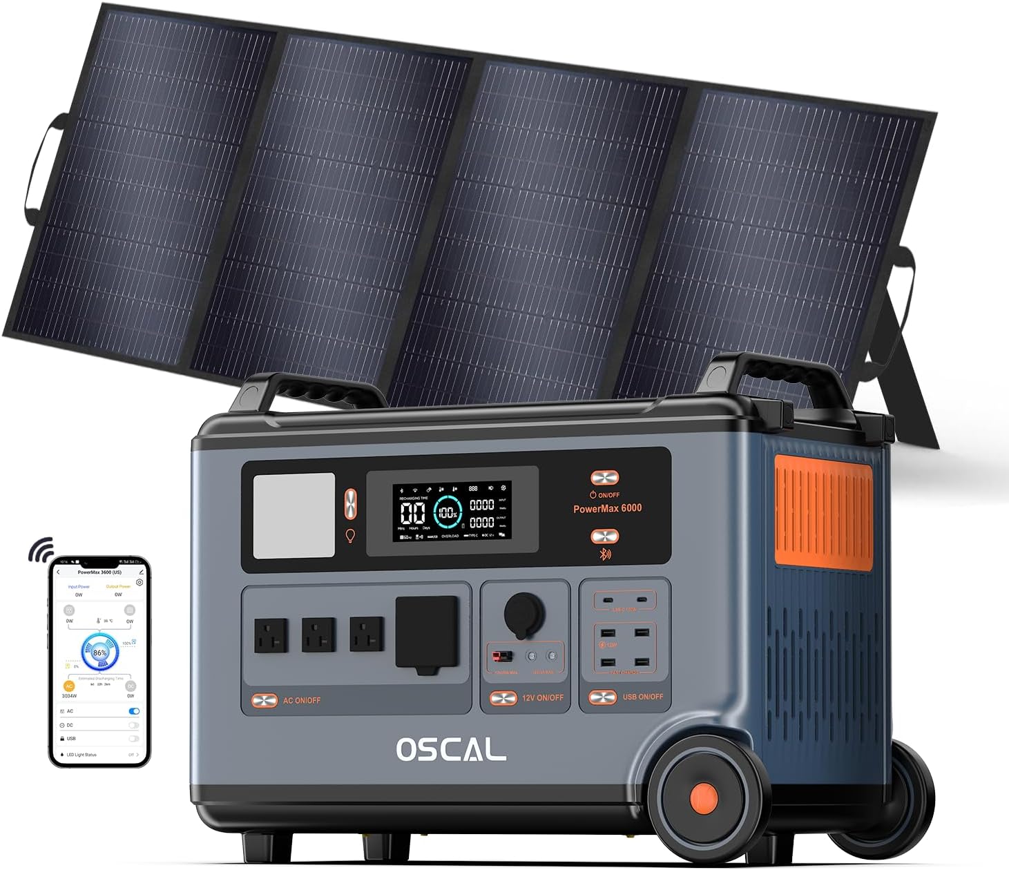 OSCAL PowerMax 6000 Solar Generator with 400W Solar Panel, 120V/240V Split Phase Voltage 6000W AC Outlets (9000W Peak), 2200W AC Charging/2400W PV Charging for Home, Emergency, Bank Battery Backup