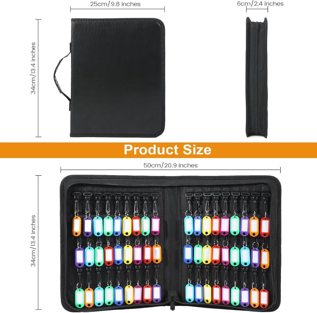 Zippered Key Case Organizer with Handle, Waterproof and Fireproof Key Binder with 54 Hooks and Tags Portable Key Storage Book for Offices Real Estate Agencies Hotels and Rental Management