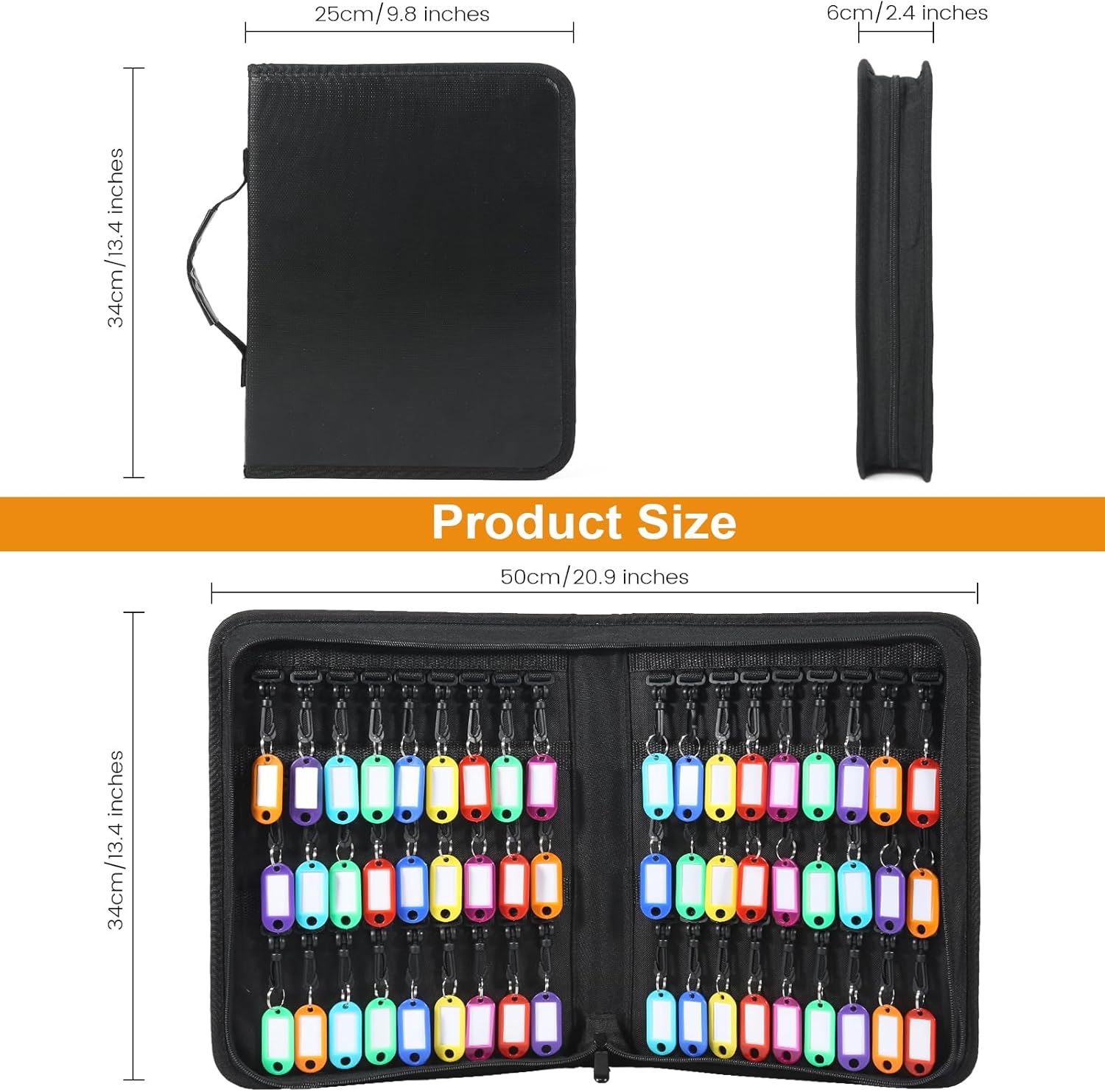 Zippered Key Case Organizer with Handle, Waterproof and Fireproof Key Binder with 54 Hooks and Tags Portable Key Storage Book for Offices Real Estate Agencies Hotels and Rental Management
