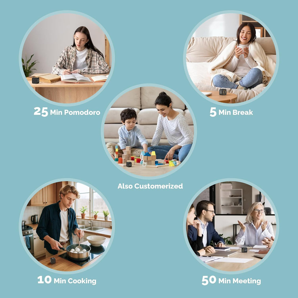 KADAMS Pomodoro Cube Timer Productivity Visual Timer - 5/10/25/50 Min Rotating Countdown, Customize Countup Silent Mode- for Work Study Cook Workout Kitchen Back to School Classroom(Black)