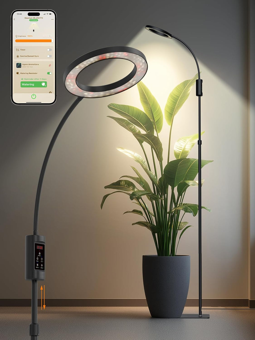 Smart Grow Lights for Indoor Plants,24W Plant Light with Auto-Timer,Full Spectrum LED Grow Light, Adjustable Height & Stepless Dimming,Plant Assistant Suitable for Most Plants (Black, 24W)