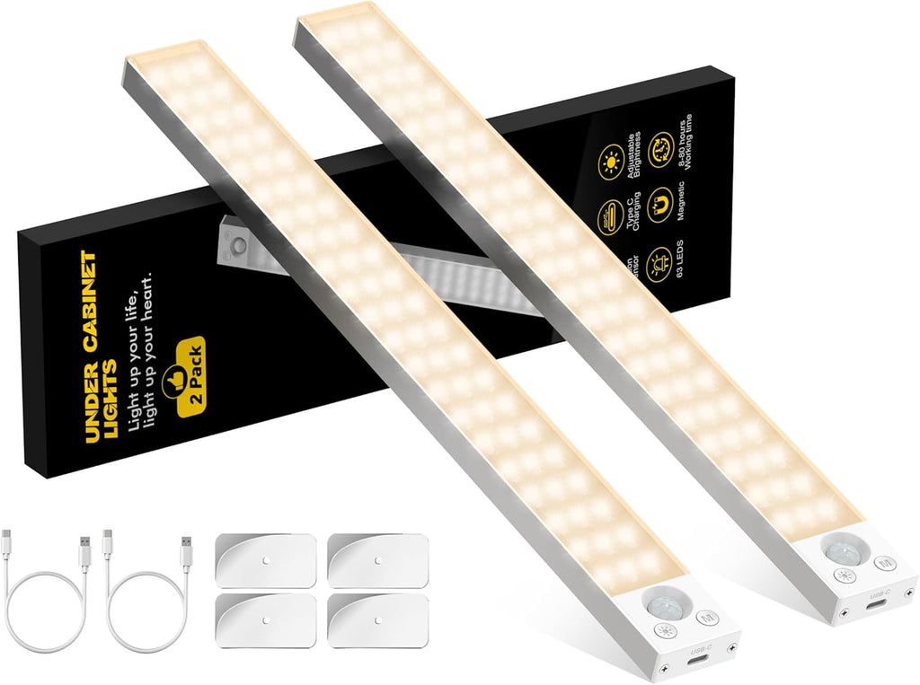 Under Cabinet Lights 14.5 Inch,Under Cabinet Lighting 63LEDS 2500mAh,Motion Sensor Light Indoor Rechargeable Battery Operated,Dimmable Under Counter Lights for Kitchen,Drawers,Wardrobe,Stair Bedroom