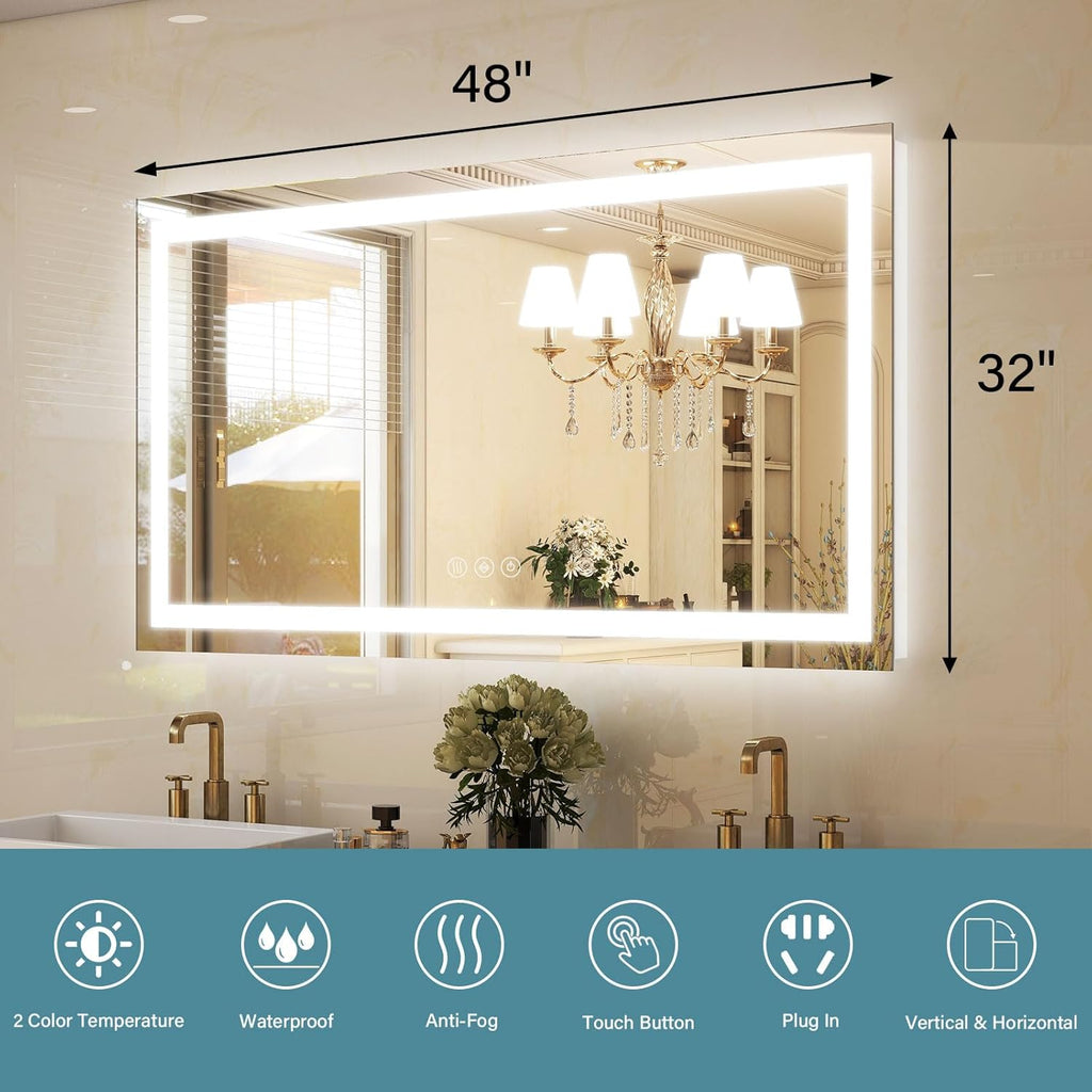 GLSLAND LED Bathroom Mirror - 48"x32" Anti-Fog Lighted Wall Mirrors with Memory Function, Dimmable, Frontlit & Backlit, Horizontally/Vertically, Tempered Glass