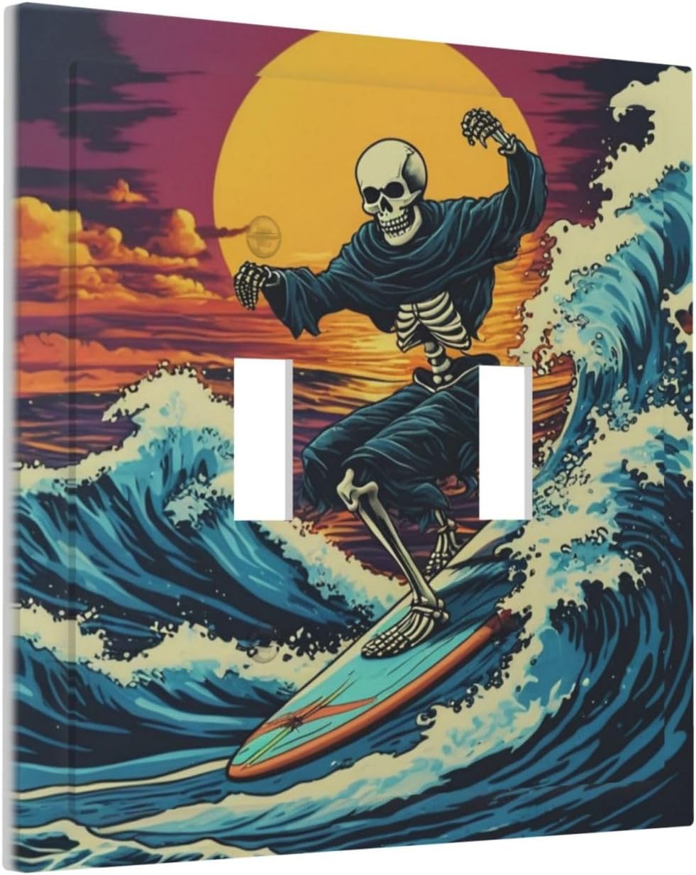 Skeleton Riding Surfboard on Wave In The Ocean Light Switch Covers Double Toggle 2 Gang Wall Plate Dual Decorative Switchplate Electrical Faceplate for Farmhouse Living Room Decor