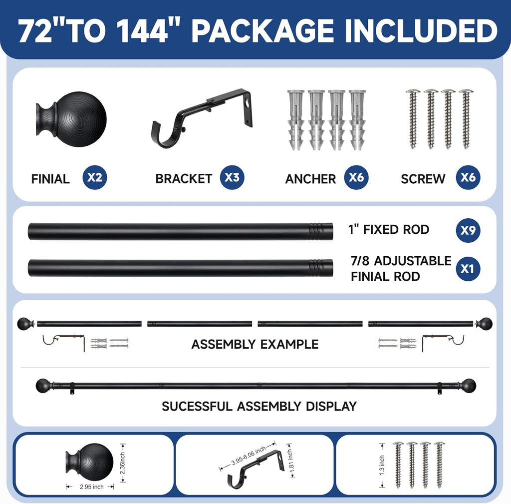 BRIOFOX Black Curtain Rods for Windows 72 to 144 Inch(6-12ft) - 1'' Diameter Heavy Duty Curtain Rods with Imitation Wood Grain Pattern Finials,Adjustable Decorative Curtain Rods Set,28-144''