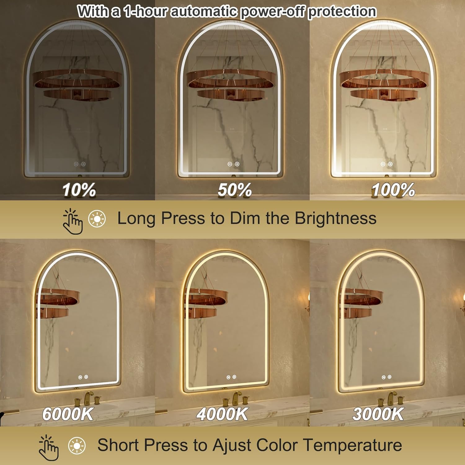 24"x36" Arched LED Bathroom Mirror, Gold Framed LED Bathroom Mirrors with Front Light and Backlit, Anti-Fog, Dimmable, 3 Colors, Memory Function, Arch Smart Vanity Mirror