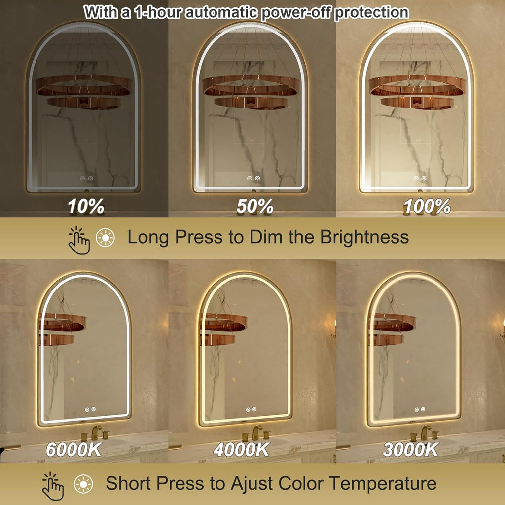 Arched LED Bathroom Mirror, 22"x32" Gold Aluminum Frame Bathroom Mirror with Lights, Lighted Vanity Mirror for Wall, Anti-Fog, Stepless Dimmable, 3 Color Temperature Vanity Mirror