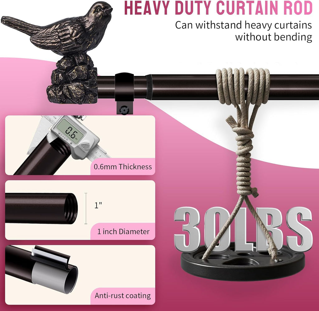 Curtain Rods for Window 36 to 144 Inches Vintage Bronze Curtain Rod with Bird Finials Adjustable Drapery Rod Heavy Duty Curtains Rods for Living Room Kitchen Window