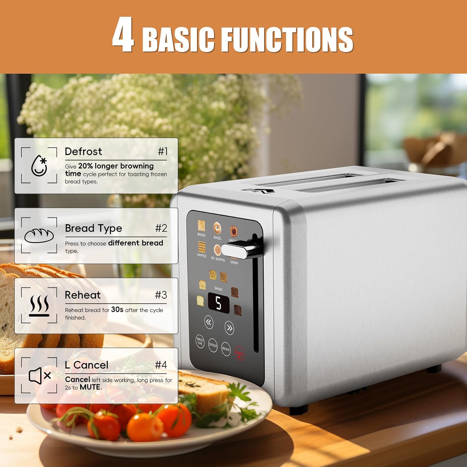 Touch screen Toaster 2 slice,Stainless Steel Digital Timer Toasters with Sound Function,6 Bread Types & 6 Shade Settings,Smart Extra Wide Slots Toaster with Bagel,Defrost Functions,Slate