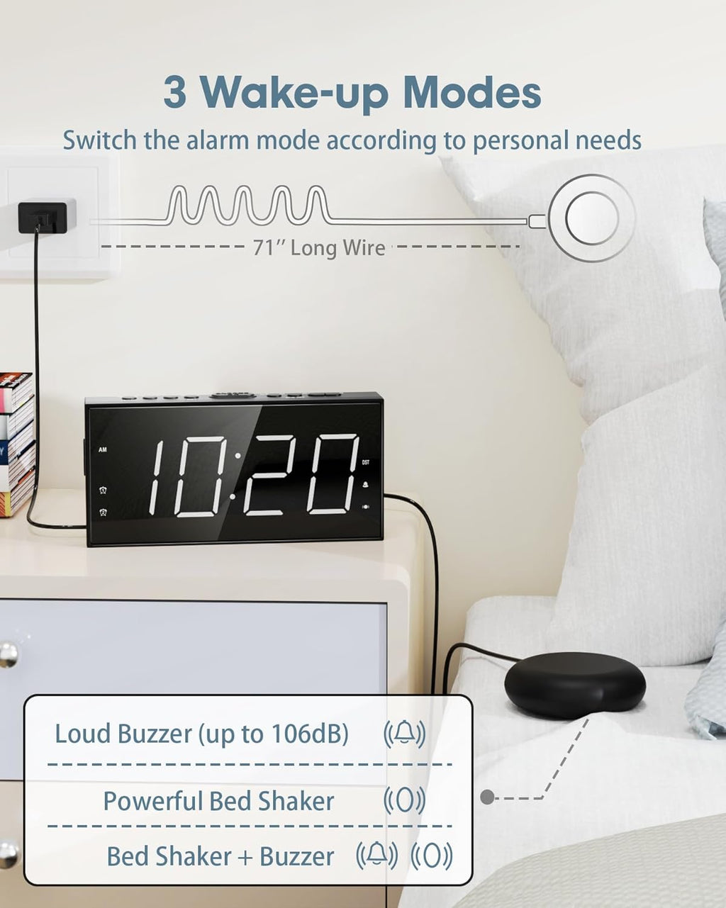 Loud Alarm Clock with Bed Shaker for Heavy Sleeper, Dual Vibrating Alarm Clock with USB Charger for Hard of Hearing/Deaf, 7.5’’ Large LED Display with Dimmer, Snooze, 12/24H & Battery Backup