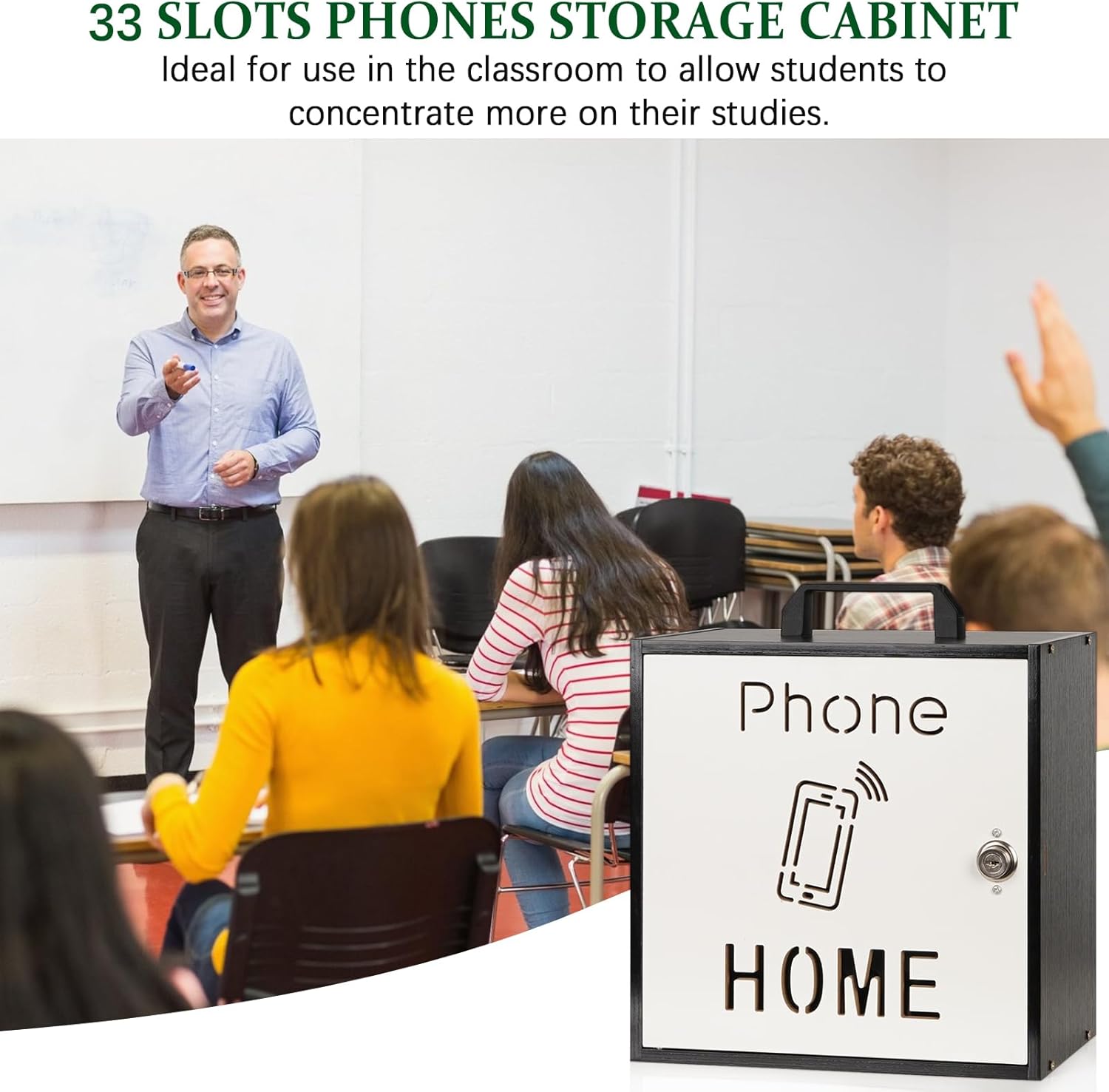 Echaprey Cell Phone Holder Classroom Adjustable 33 Slots Pocket Chart Wooden Cell Phone Storage Cabinet with Handle and Lock Desktop Cell Phone Holder for Classroom Office (Black)