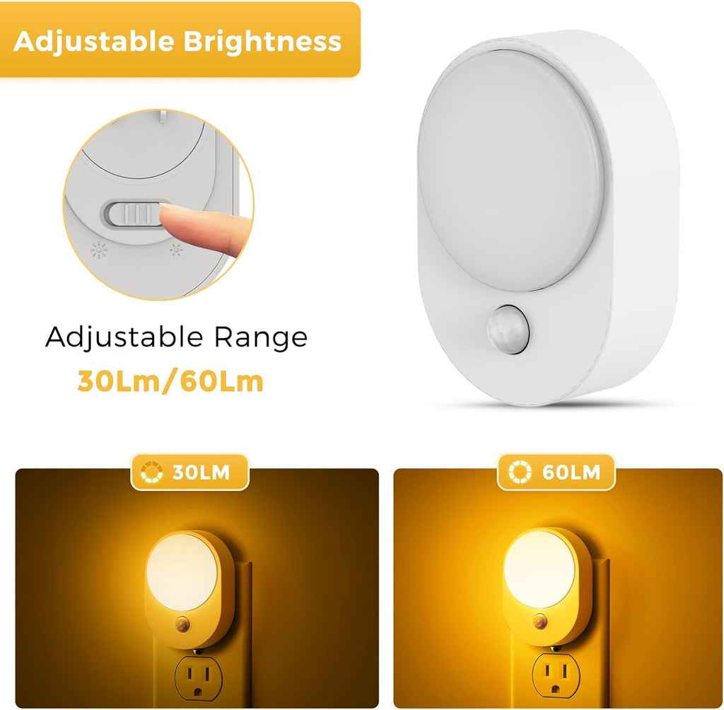 L LOHAS LED Plug in Night Light with Motion Sensor and Dusk to Dawn Sensor,[4-Pack] Night Lights Plug into Wall,2000K Amber Light,30/60/100LM Dimmable Nightlight for Bathroom Hallway