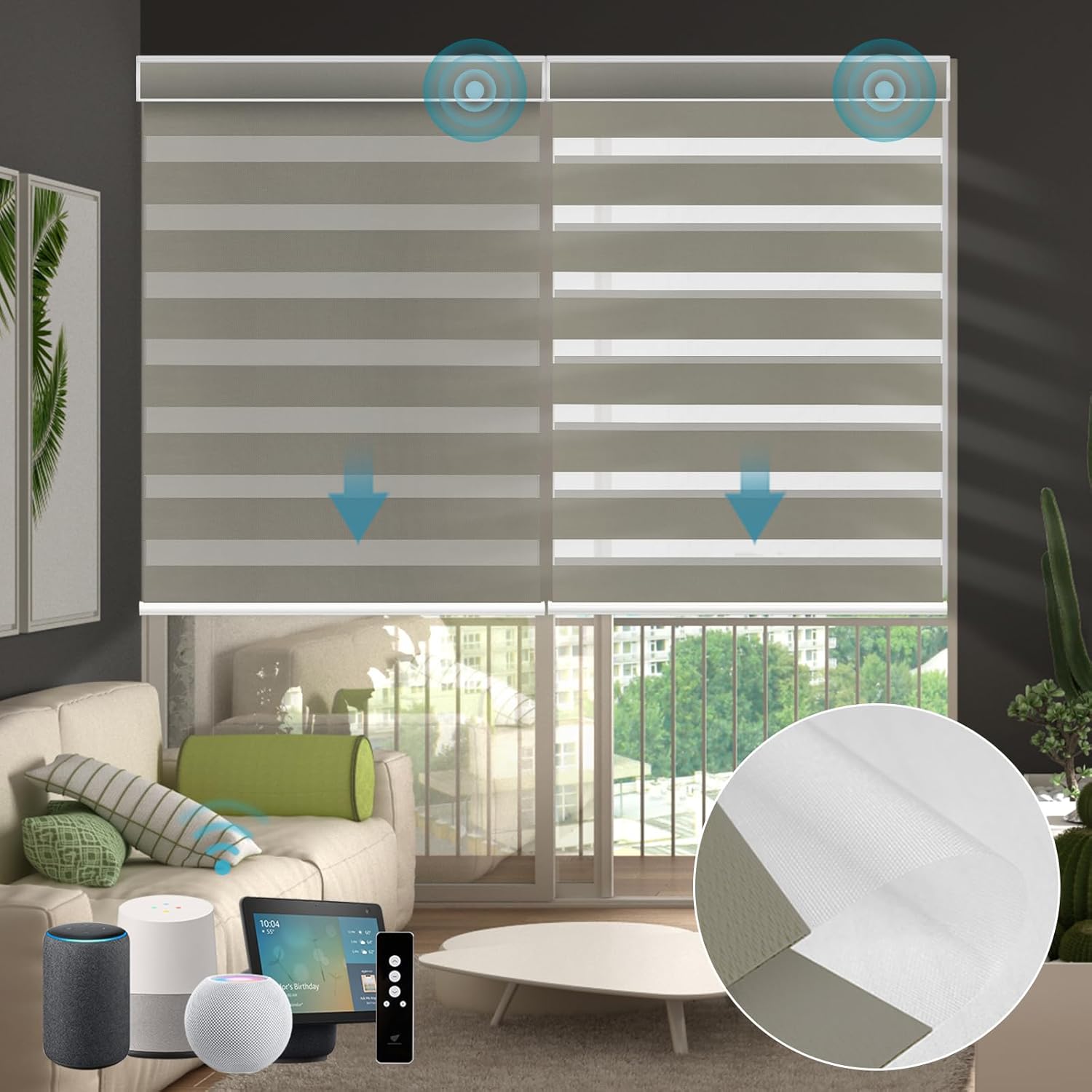 SmartWings Motorized Zebra Shades with Valance Work with Homekit Thread Alexa Z-Wave Smart Dual Layer Shades with Remote Control, Automatic Horizontal Window Blind, 90% Blackout 95mm Astrid Coffee