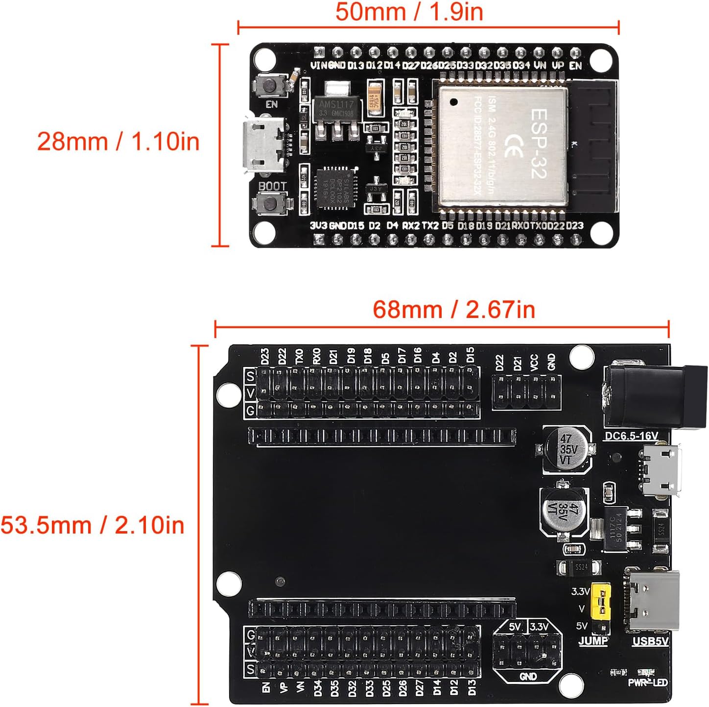3 Set ESP32 ESP-32S WiFi Development Board NodeMCU ESP-WROOM-32 Microcontroller with ESP32 GPIO Breakout Board 30Pin Type-C Micro USB Dual Interface ESP32 Shield 30P Expansion Board
