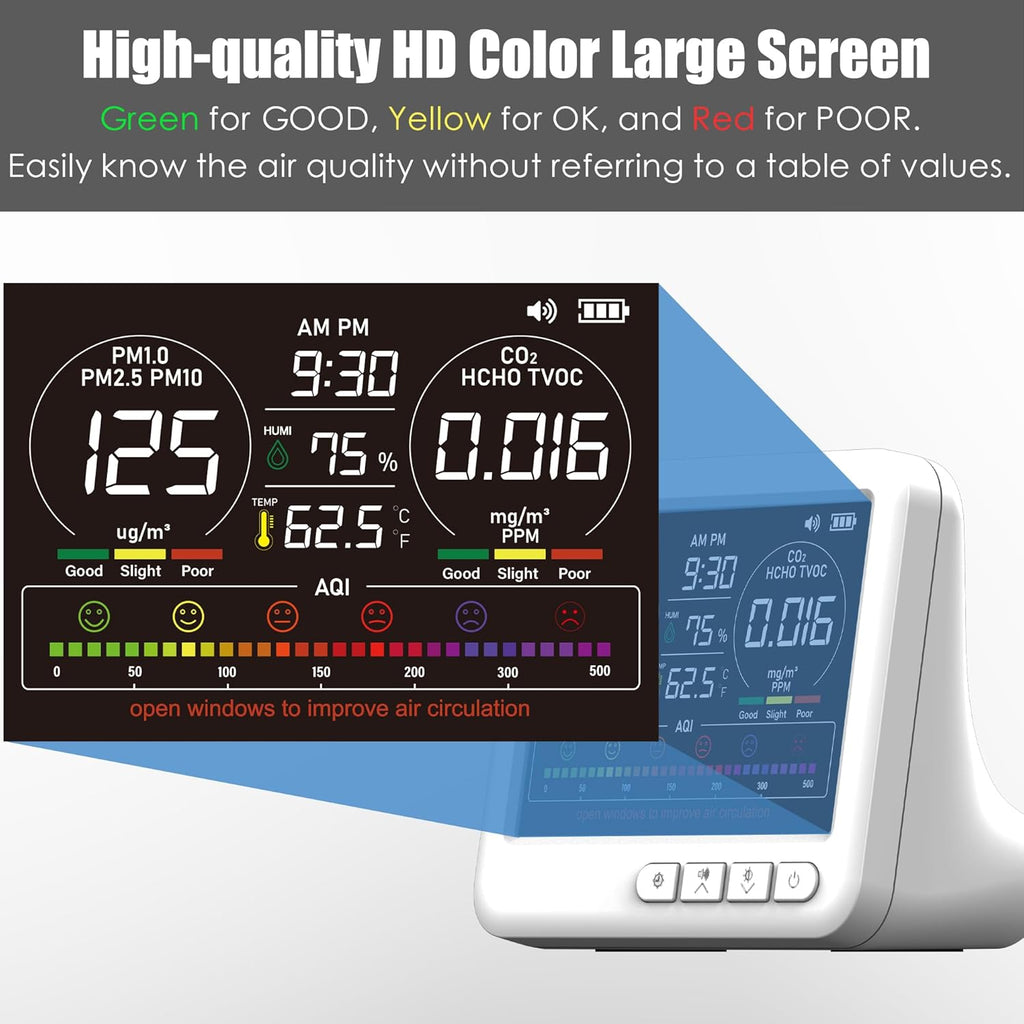 Professional Indoor Air Quality Monitor with 7X AQI,16 in 1 Portable Real-Time Detector for PM2.5 | PM10 | CO2 | TVOC | HCHO | Temp | Hum for Home Cars Plants Pets (White)