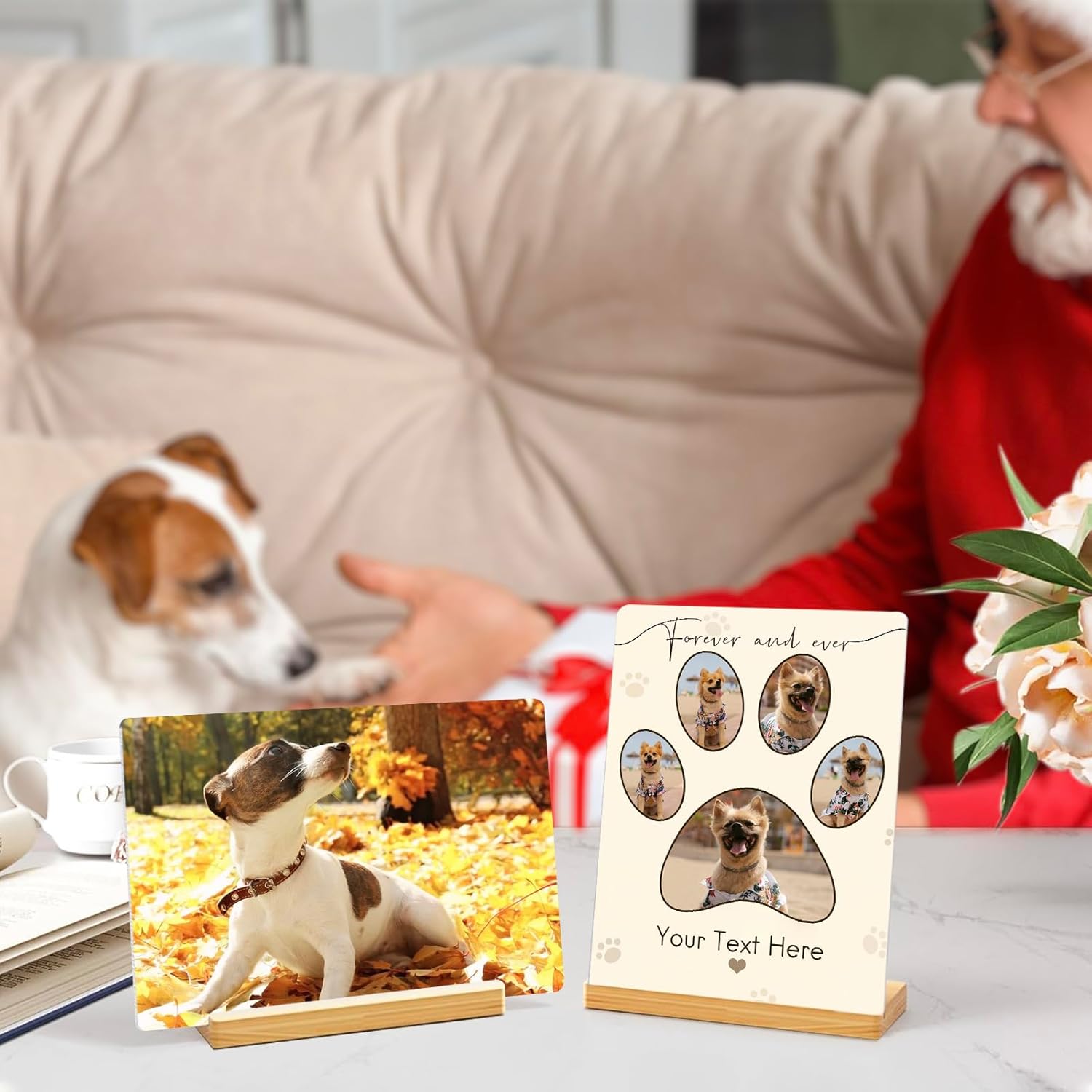 Custom Photo Prints - Metal Desktop Picture Frame with Photos & Text & Wooden Base Personalized Gifts for Cats Dogs and Pets, Optional Multiple Sizes