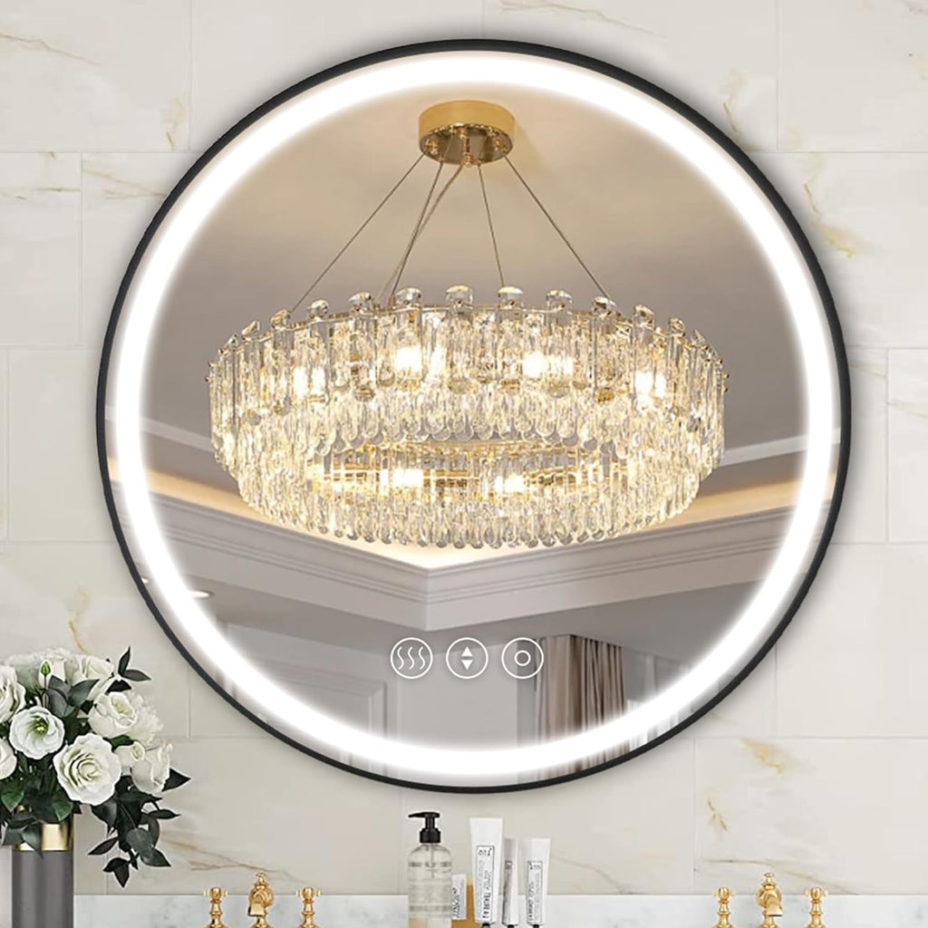 32 Inch Round Led Mirror, Bathroom Mirror with Lights, Black Metal Framed Frontlit Circle Mirrors for Wall with Anti-Fog, Memory Function, 3 Color Temperature, Dimmable Makeup Mirror