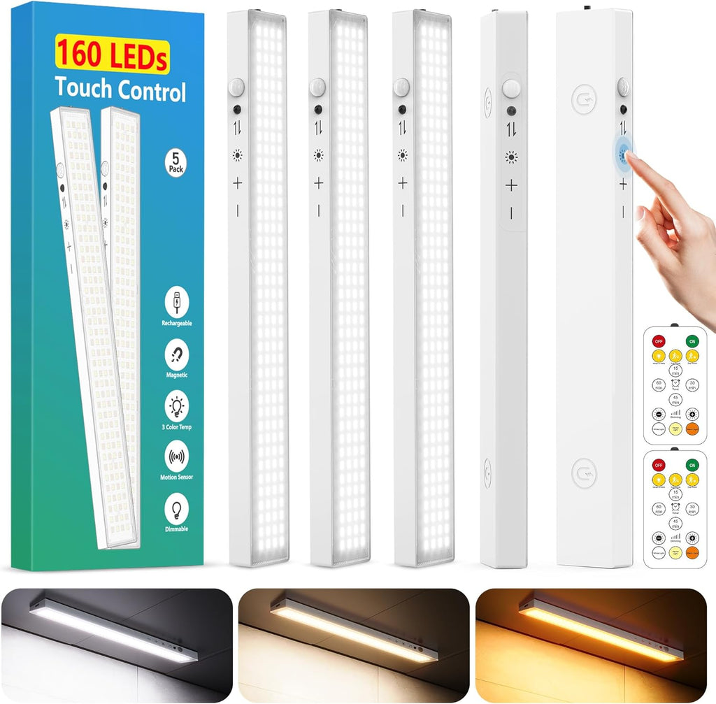 160LEDs Touch-Control Under Cabinet Lighting w/4000mAh Battery, Cordless Motion Sensor Under Counter Lights for Kitchen, Magnetic Rechargeable Closet Lights - 5Pack/White, 2025 Fall