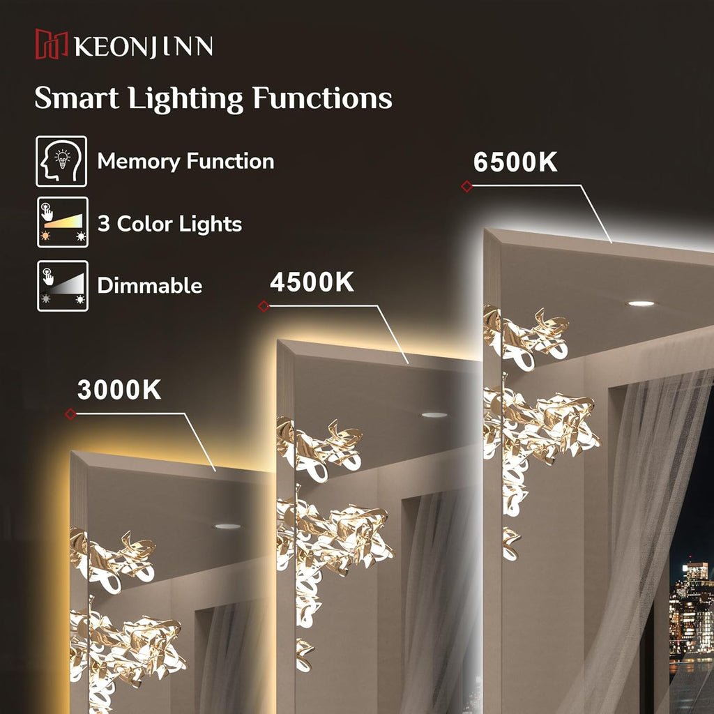Keonjinn 20 x 28 Inch Backlit Mirror Bathroom, Frameless LED Mirror for Bathroom, Beveled Edge, HD Tempered Glass, UL-Listed LED Driver, Anti-Fog, Dimmable, Memory Function, French Cleat Installation
